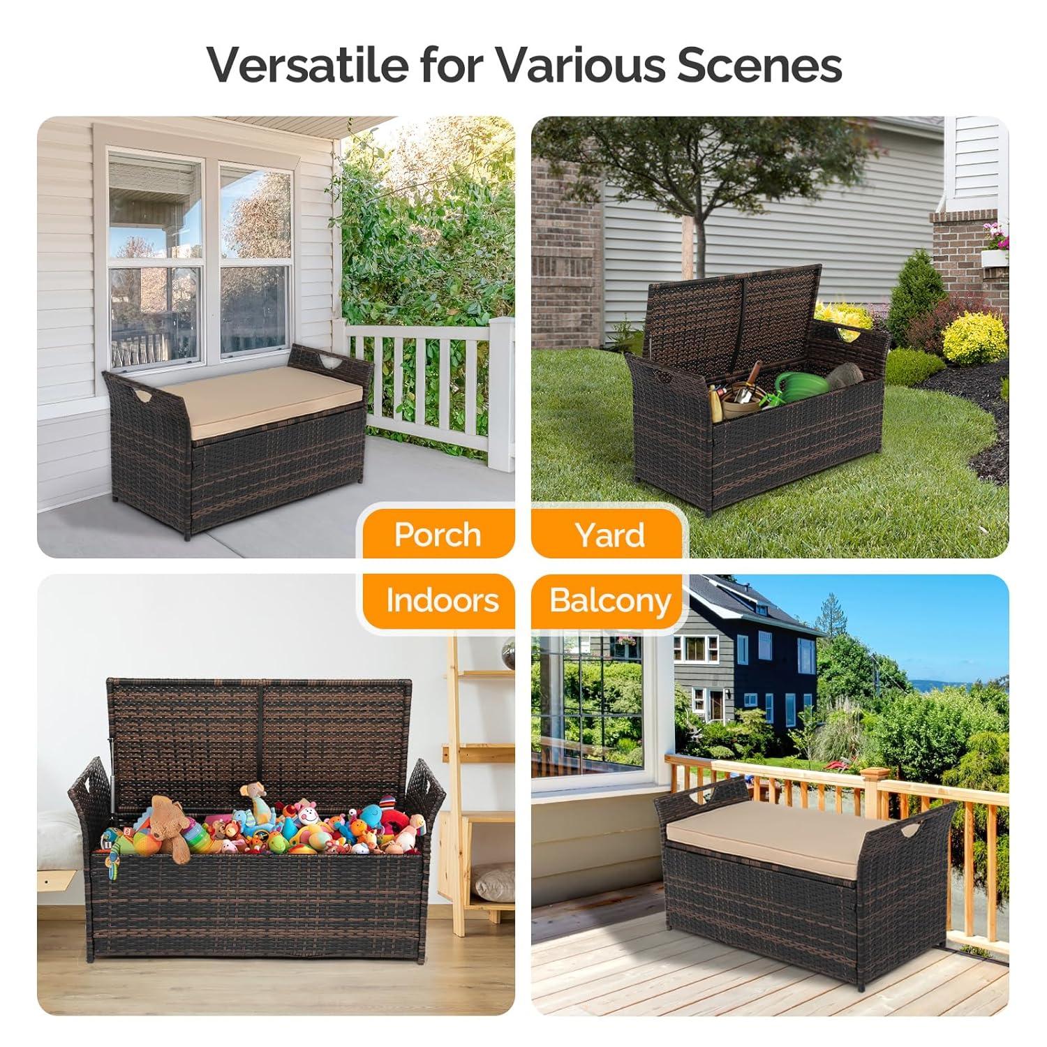 VINGLI 40 Gallon Wicker Storage Bench, Patio Cushion Storage Box Designed with Side Handles, Rattan Deck Box for Garden Tools, Cushions, Outdoor Patio Deck Box for Garden, Poolside, Brown
