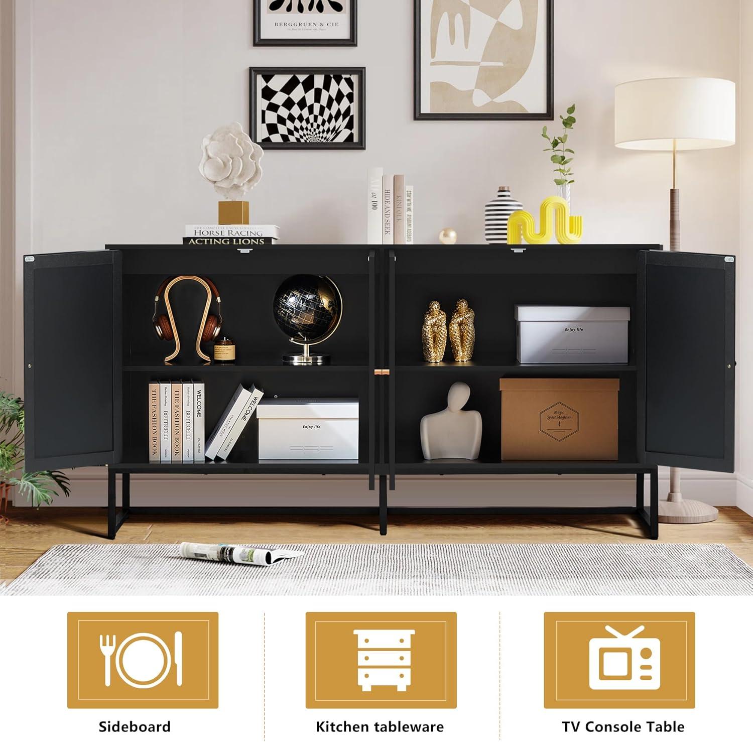 PORKISS Rattan Buffet Sideboard, Credenza Storage Cabinet with 4 Doors and Adjustable Shelve, Accent Cabinet for Dining Room, Kitchen, Living Room, Black