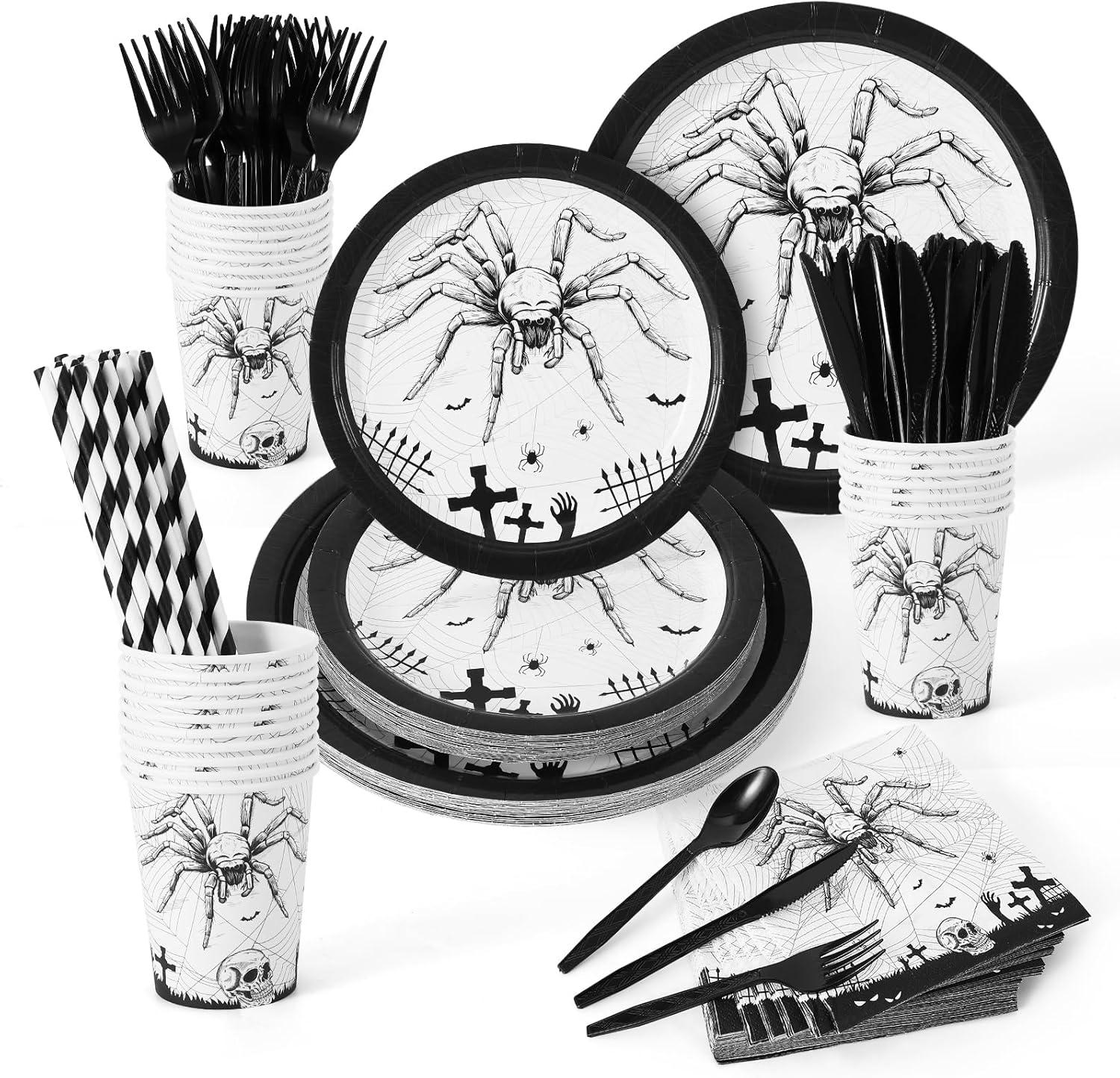 WhizMax 215 Pcs Halloween Plates and Napkins Set Serve 25, Spider Skeleton Disposable Tableware Set  - Plates, Cups, Napkins, Halloween Tableware