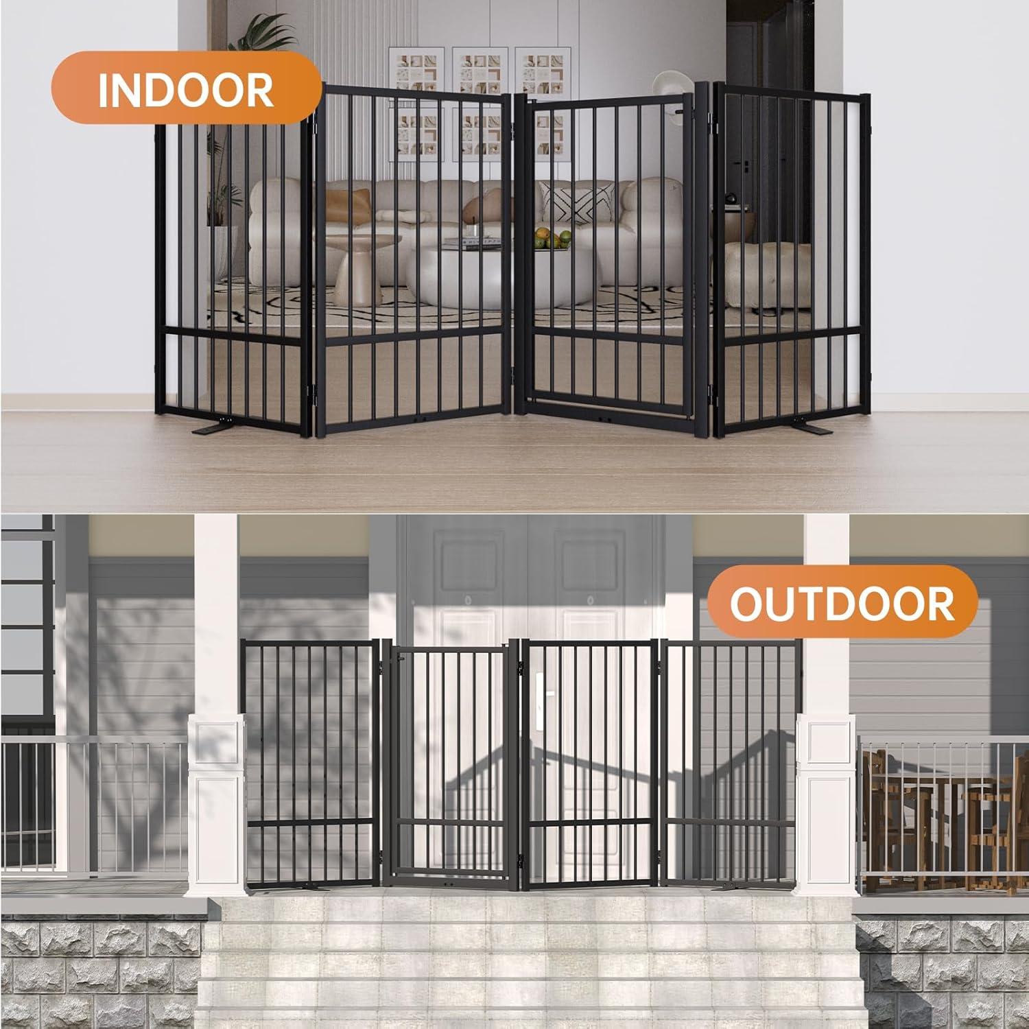Full Matel Freestanding Dog Gate With Door, 32 Inch Height Foldable Pet Dog Fence Extra Wide Free Standing Small Dog Gates For Doorways,House,Stairs,Porch,Deck,Yard