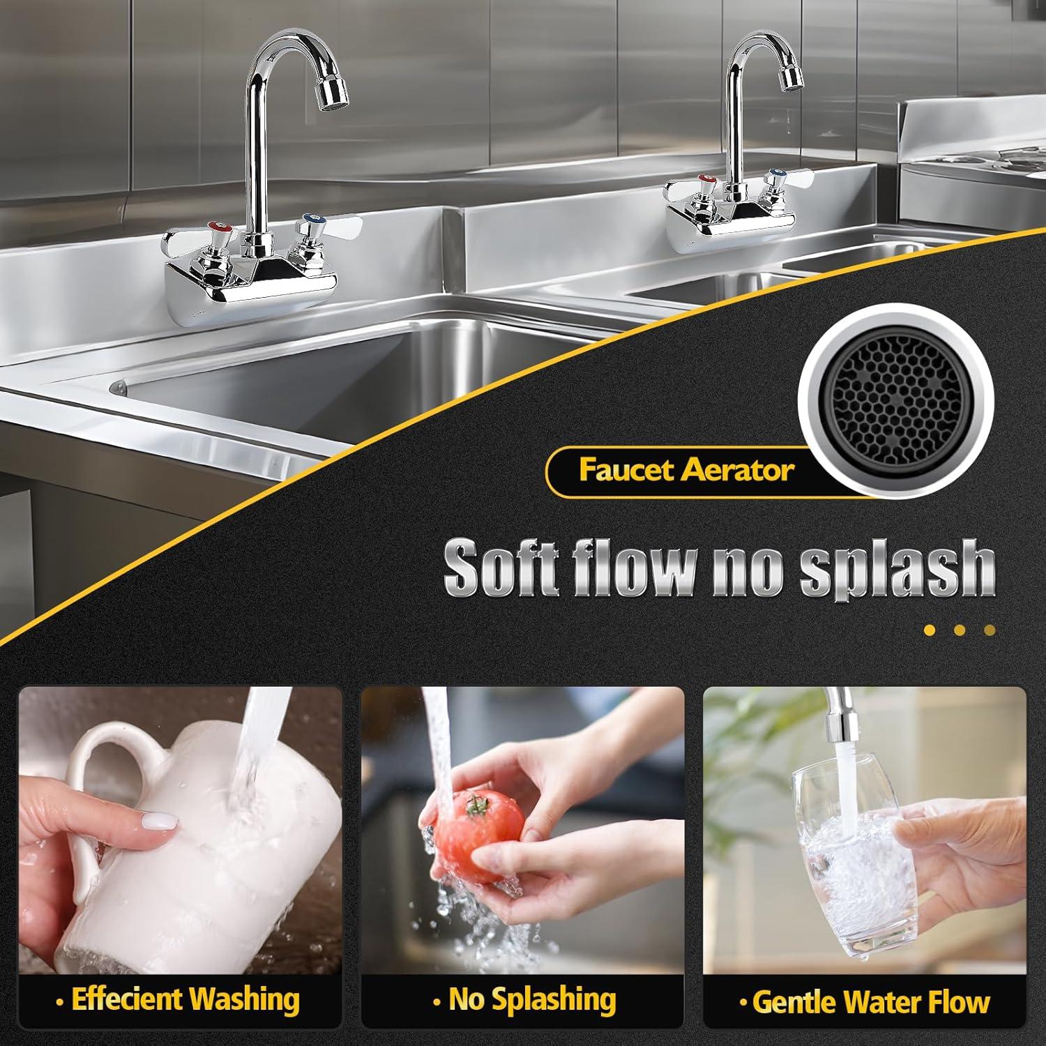 KWODE 4 Inch Center Commercial Hand Sink Faucet with 3-1/2”Gooseneck Spout, Dual Lever Handle Wall Mount Kitchen Sink Faucet, Brass Constructed, Chrome