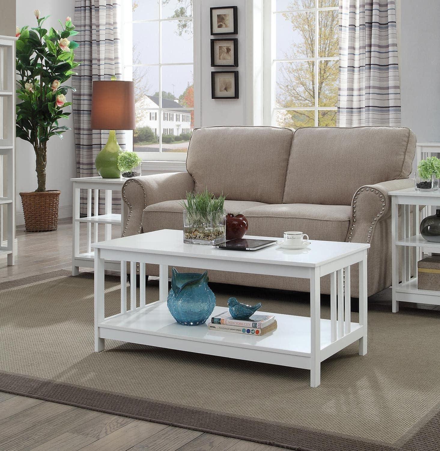 Elegant Mission White Rectangular Wood Coffee Table with Shelf