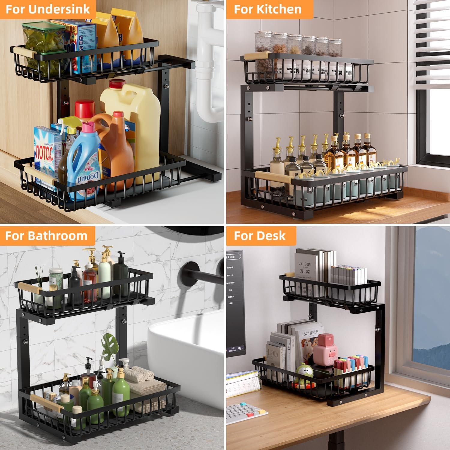 DELAMU 2 Pack Under Sink Organizers and Storage, Pull Out Trash Can Under Cabinet, 2 Tier Bin Organizer with Hooks and Haning Cups, Multi-Purpose Sliding Under Cabinet Organizer