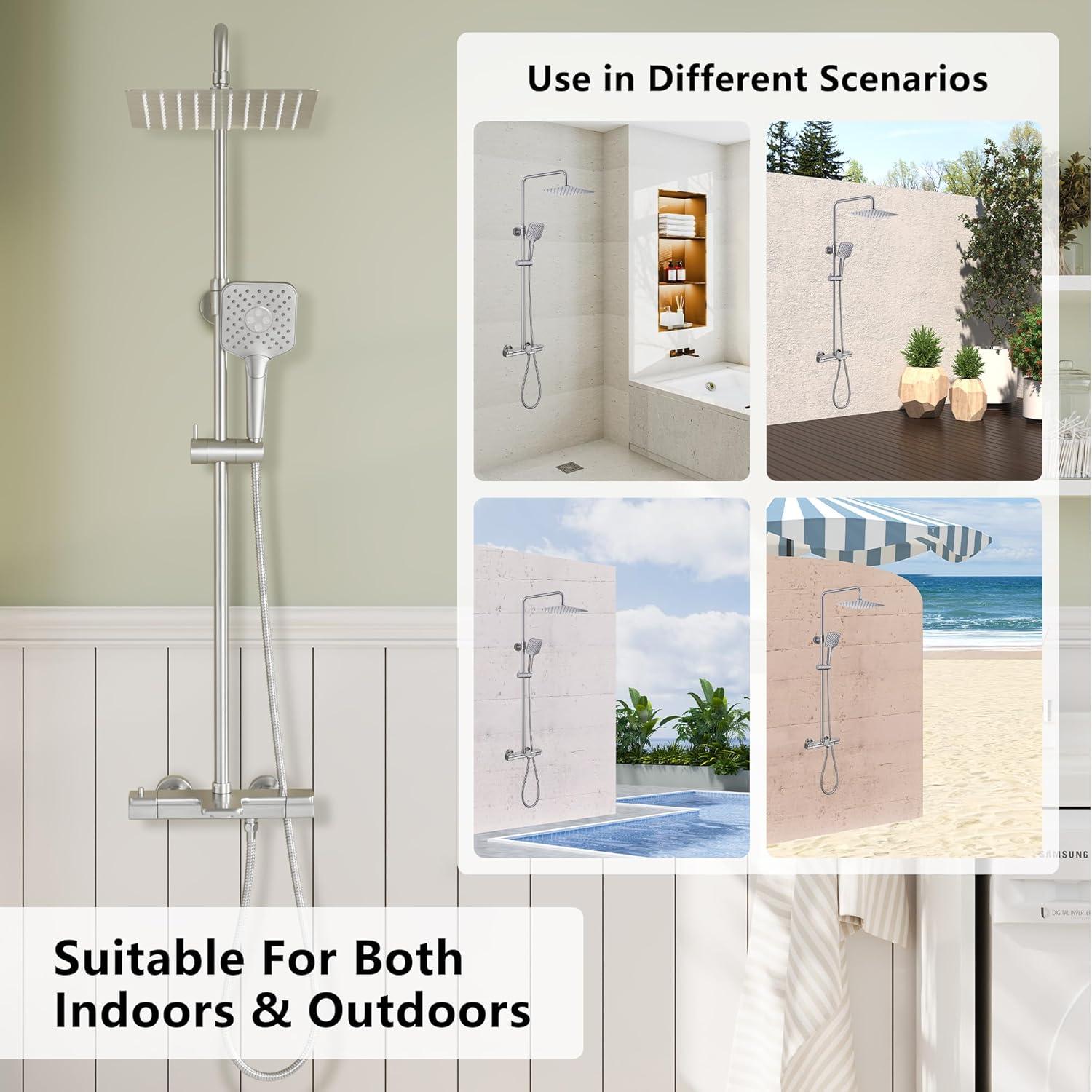 4-Spray Patterns 9.8 in. Thermostatic Tub Wall Mount Dual Shower Heads Shower Faucet in Brushed Nickel