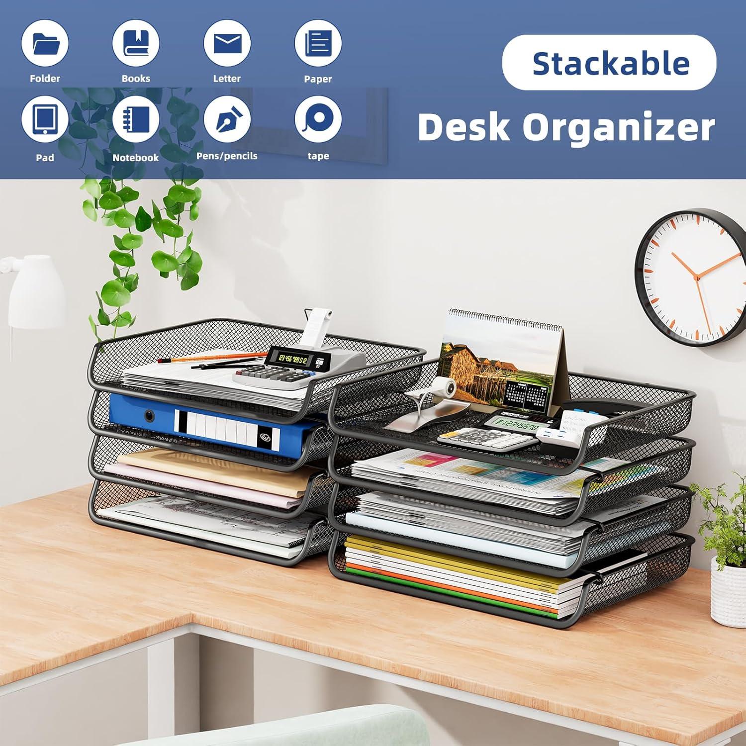 Black Stackable Wire Mesh Office Desk Organizer, 4 Pack