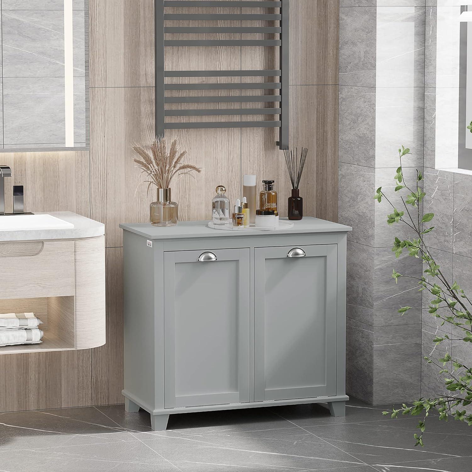 Gray MDF Dual Tilt-Out Laundry Hamper Cabinet