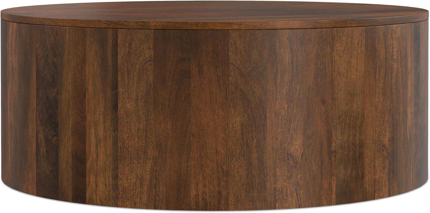 Millbury SOLID MANGO WOOD 36 inch Wide Round Contemporary Drum Coffee Table in Walnut Brown, Fully Assembled