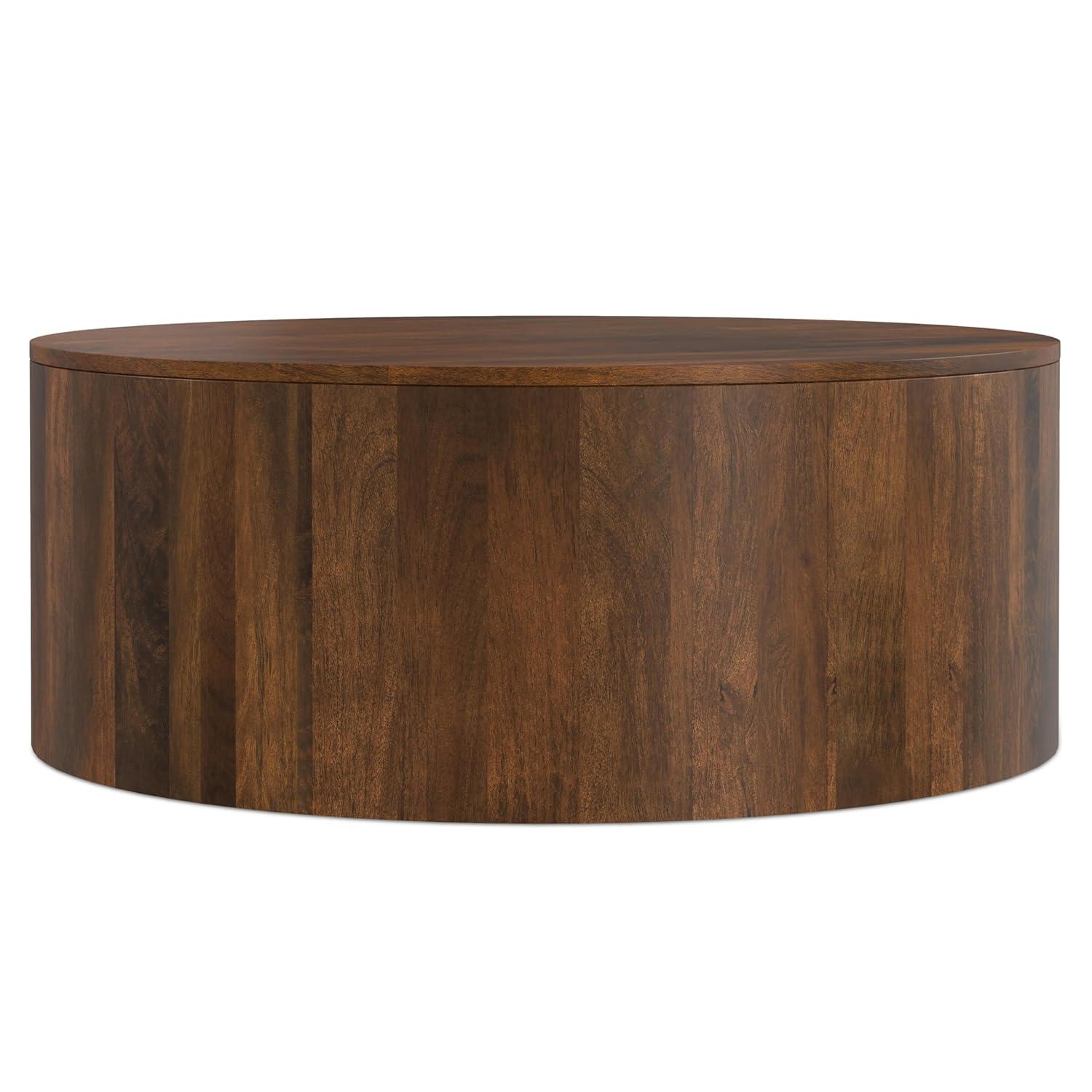 Millbury SOLID MANGO WOOD 36 inch Wide Round Contemporary Drum Coffee Table in Walnut Brown, Fully Assembled
