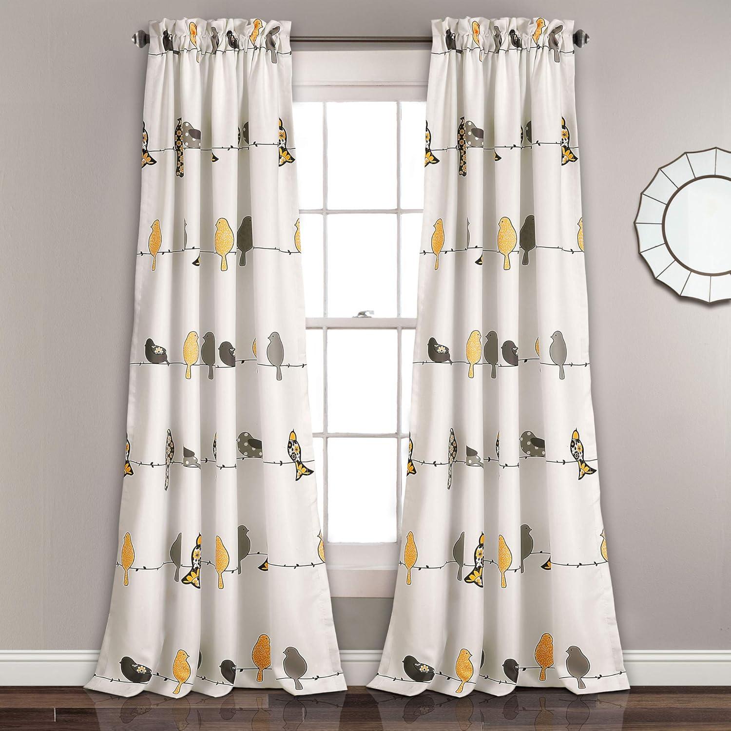 Yellow and Gray Bird Print Room Darkening Polyester Window Panels