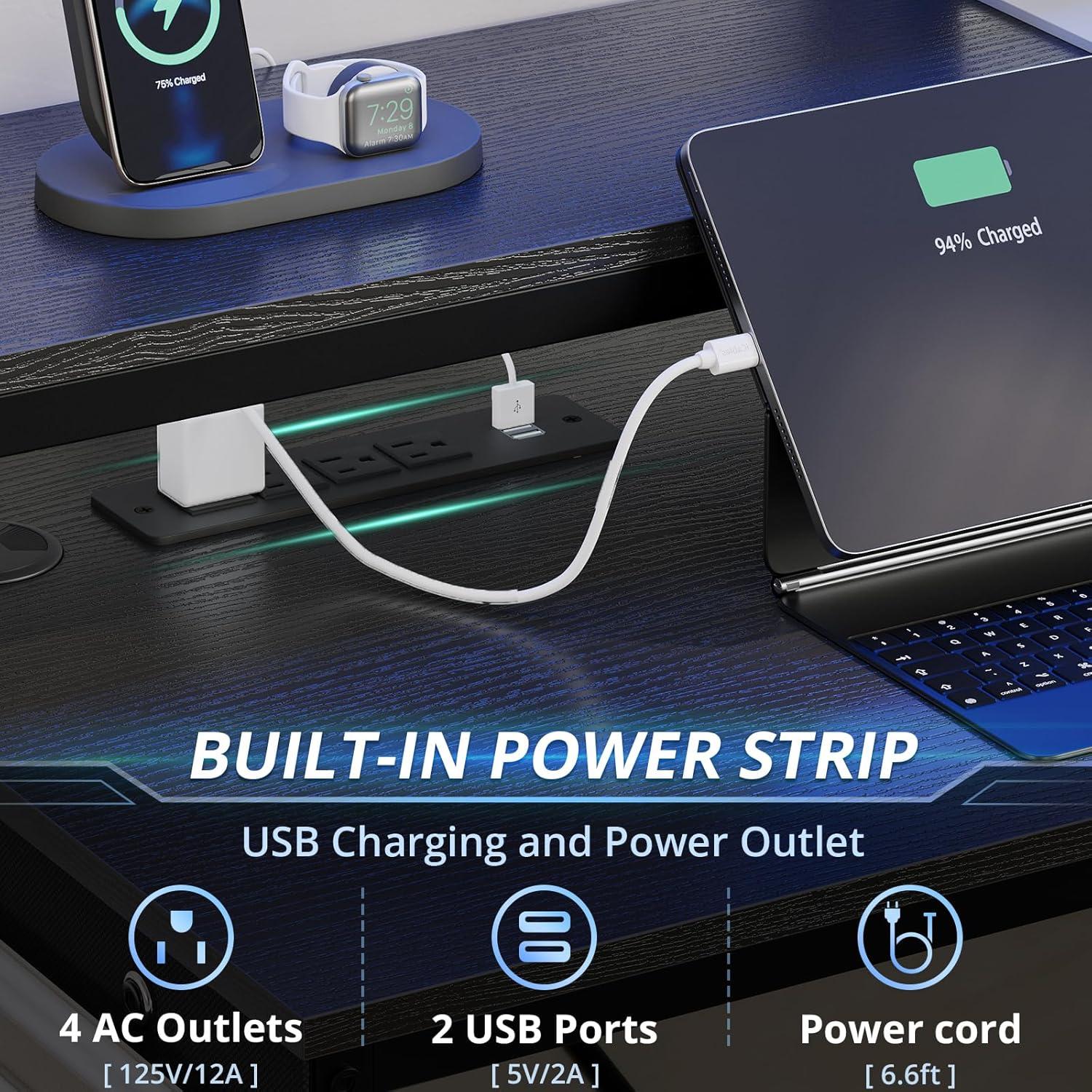 ADORNEVE Adult Collection Modern L-Shaped Power Outlet and LED Strip Desk, Rustic Brown