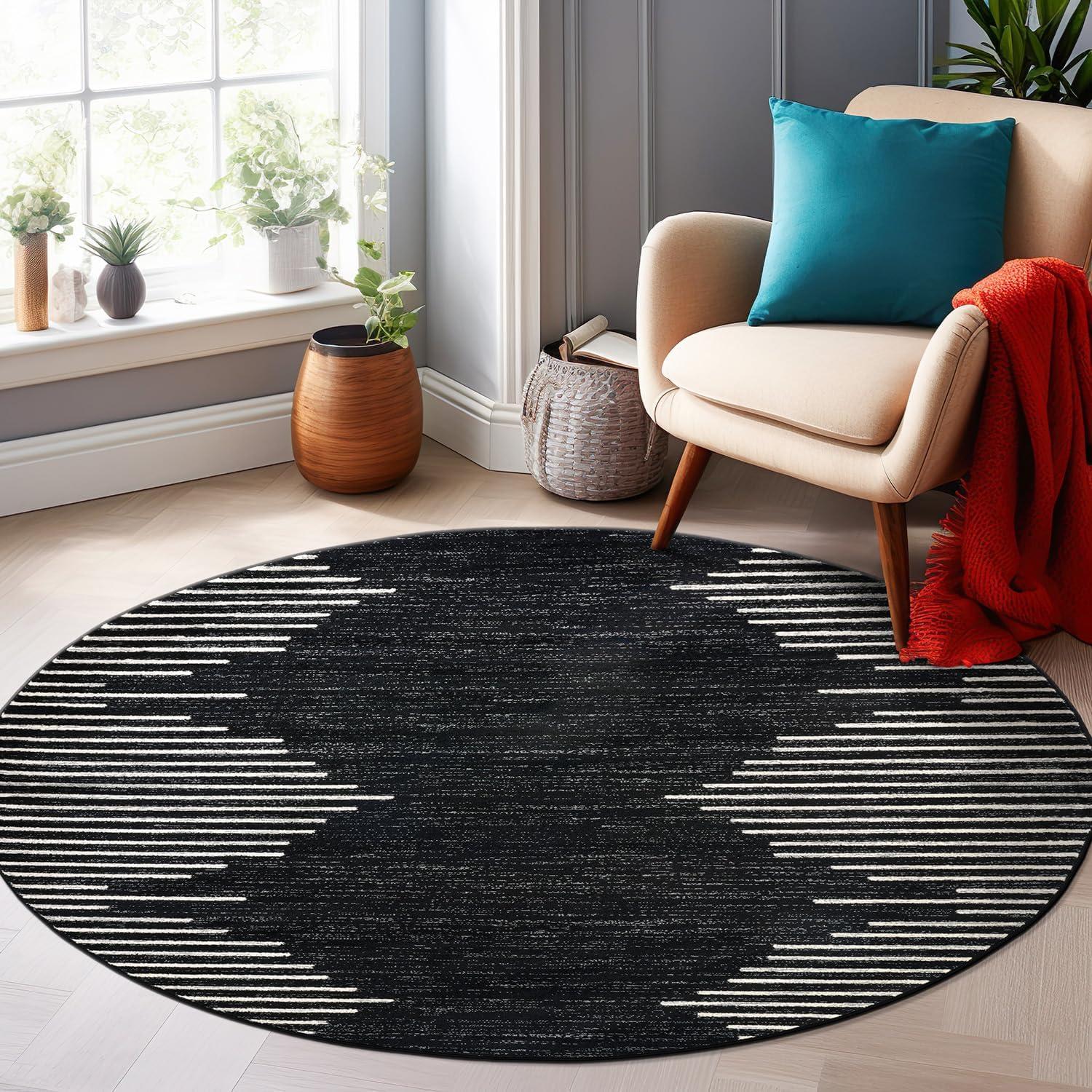 World Rug Gallery Area Rug Bohemian Stripe Jute Rug Carpets for Living Room Rugs for Sale - BLACK 6' Round