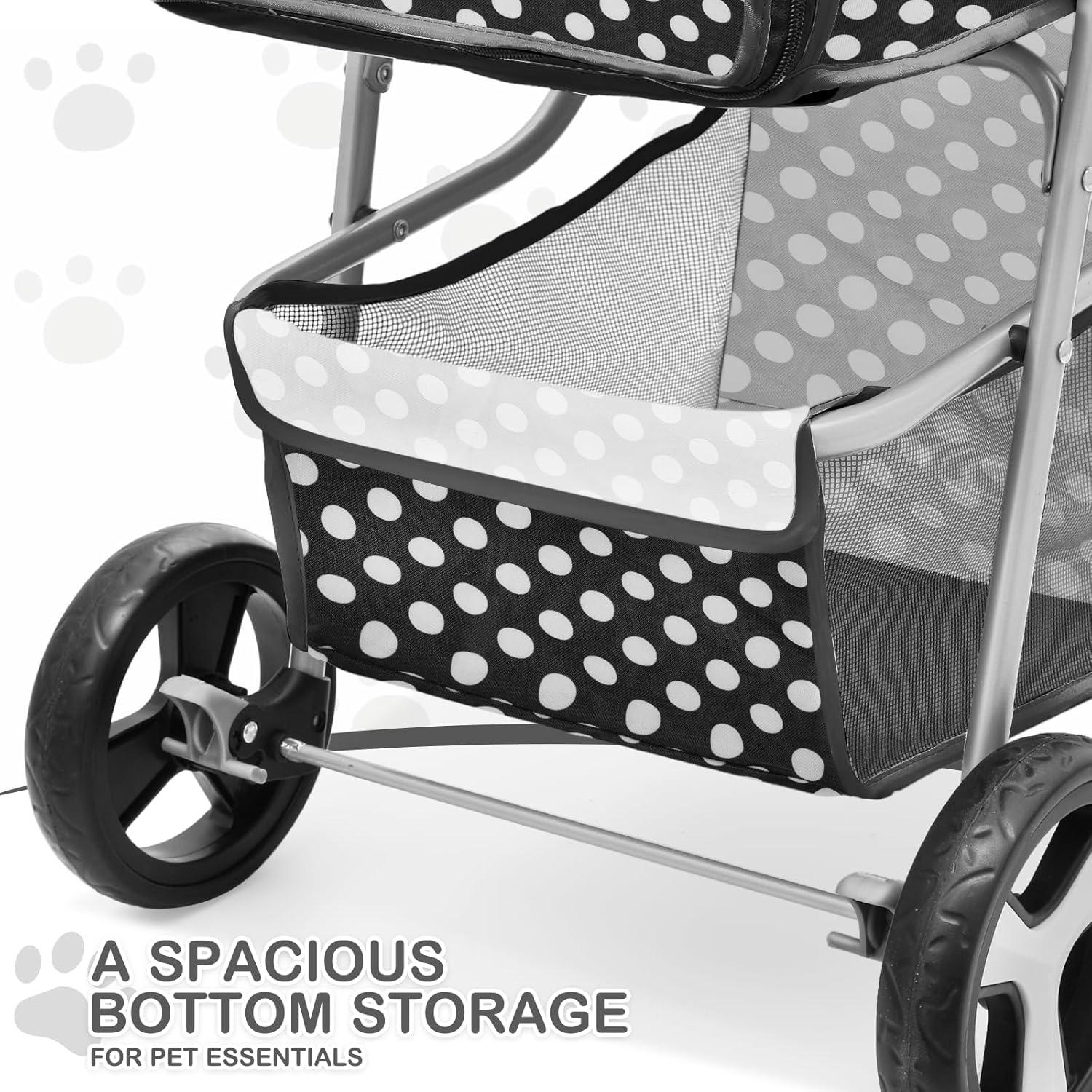 MoNiBloom 3 Wheel Folding Pet Dog Stroller, Foldable Lightweight Trolley with Storage Basket, Cup Holder and 360° Rotating Front Wheel for Small Medium Dogs, Black with White Polka Dots