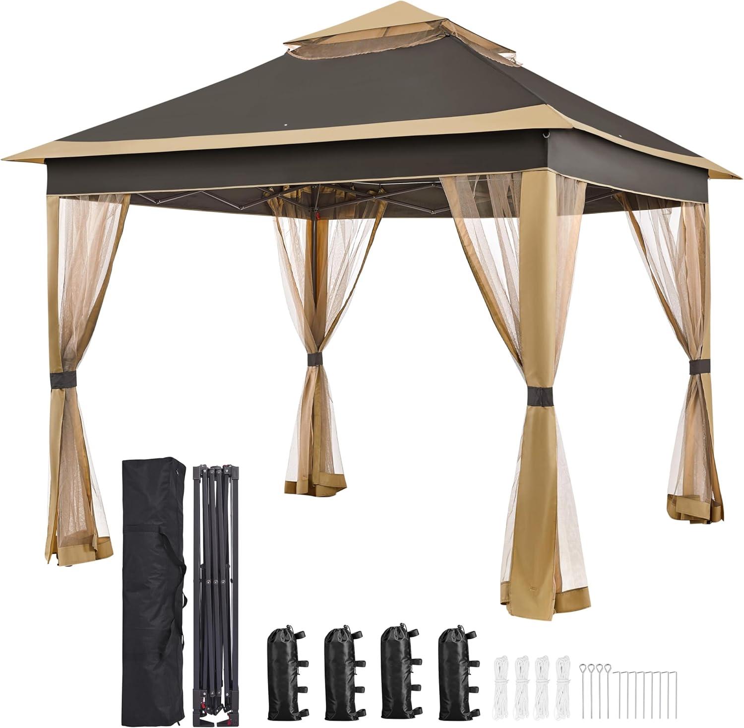 Brown 10x10 Steel Pop-Up Gazebo with Mesh Netting