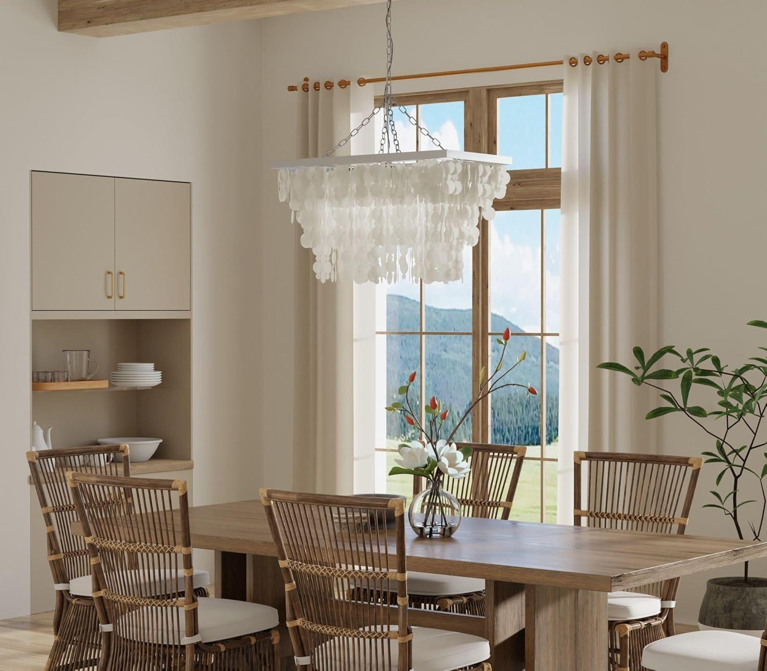Kouboo Rectangular Chandelier With Capizzi, Pendant Lighting, Chandelier For Living Room, Dining Table, Bedroom, Kitchen, White