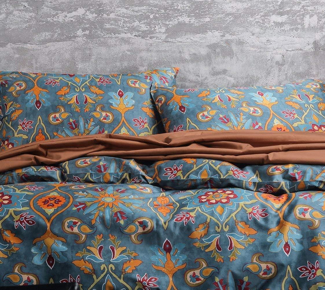 Eikei Home Damask Medallion Luxury Duvet Quilt Cover Boho Paisley Print Bedding Set 400 Thread Count Egyptian Cotton Sateen Vibrant Bohemian Pattern (Spanish Tile, Queen)