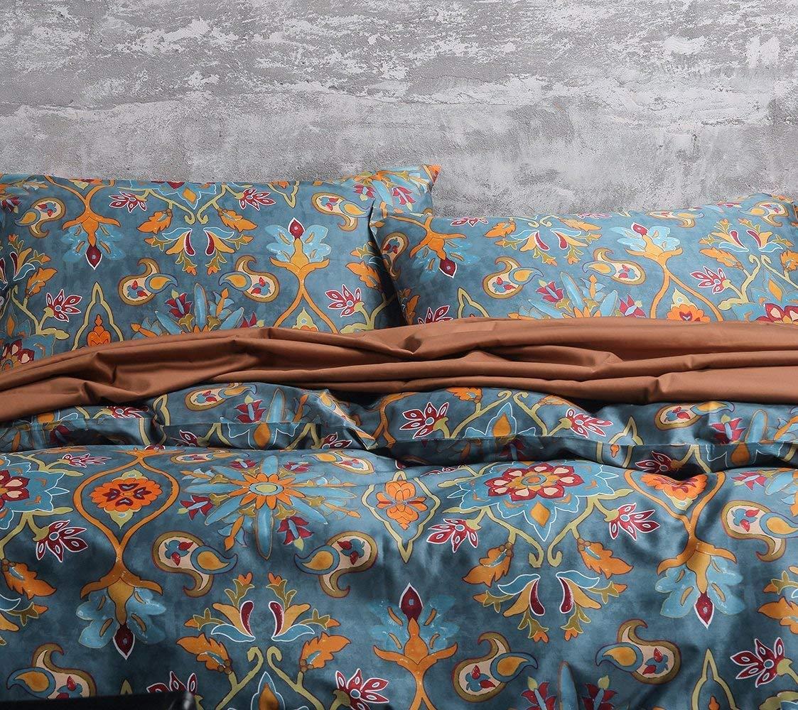 Eikei Home Damask Medallion Luxury Duvet Quilt Cover Boho Paisley Print Bedding Set 400 Thread Count Egyptian Cotton Sateen Vibrant Bohemian Pattern (Spanish Tile, Queen)