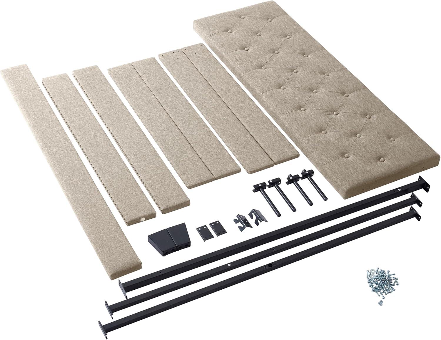 Hearth & Harbor Full Size Bed Frame with Wingback Headboard - Linen Platform, Button-Tufted Upholstered, Modern Double Bedframe, Box Spring Required, Beige
