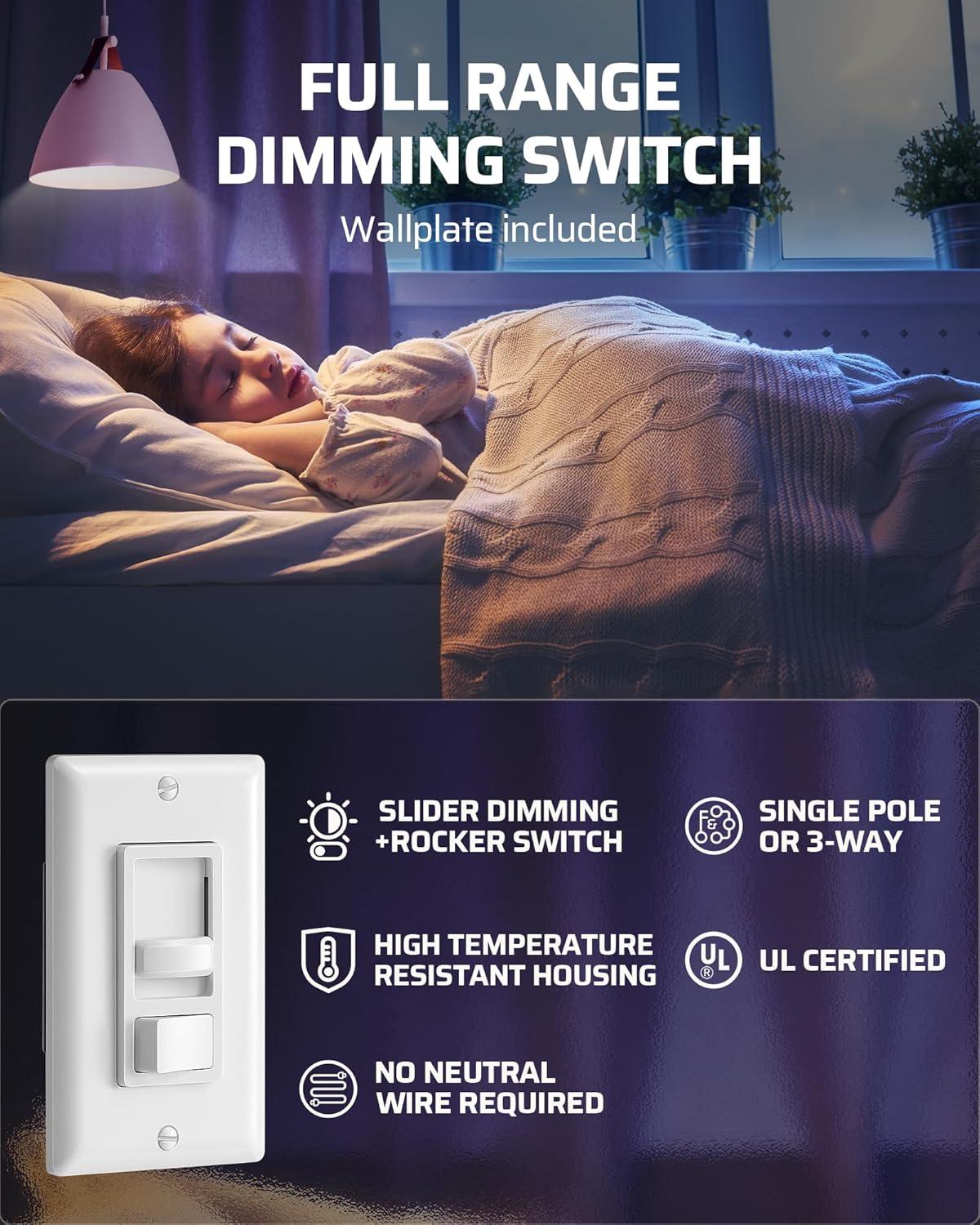 DEWENWILS Dimmer Switch for LED Lights, 600W Incandescent/Halogen and 150W CFL/LED, Single-Pole or 3-Way Dimmer Light Switch