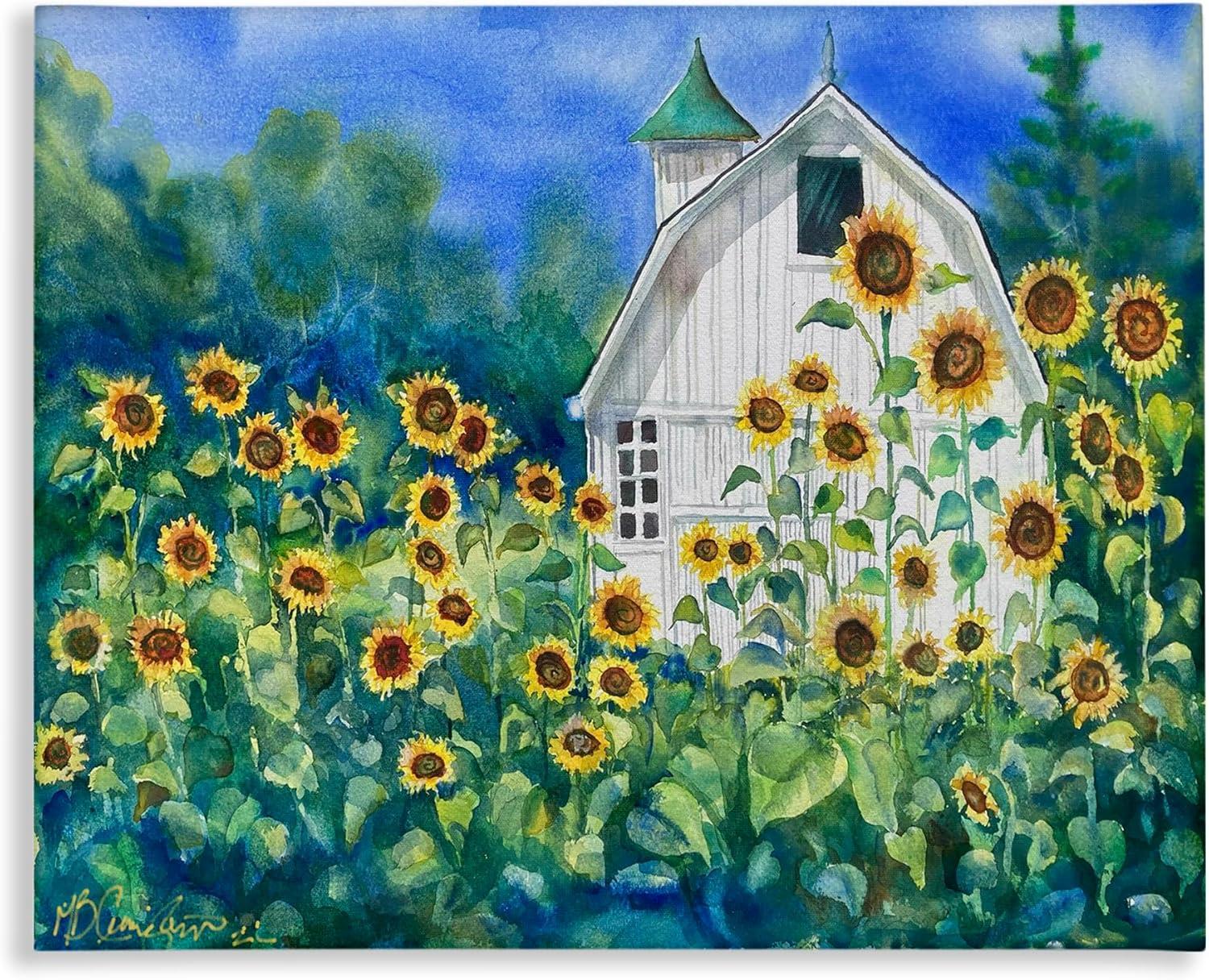 Tall Sunflowers and White Barn Canvas Wall Art