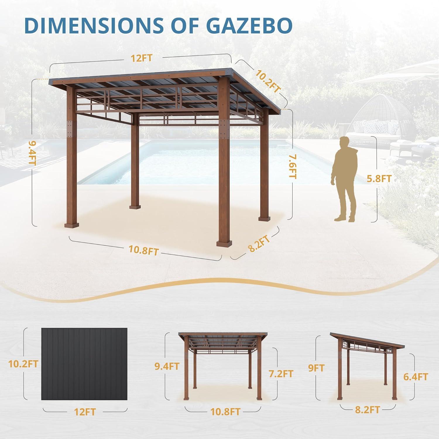 LUE BONA 10x12 Hardtop Gazebo with Wooden Frame and Metal Roof - Outdoor Pergola Canopy with Curtains - Permanent Pavilion for Grill, Deck, Patio, Backyard, Garden