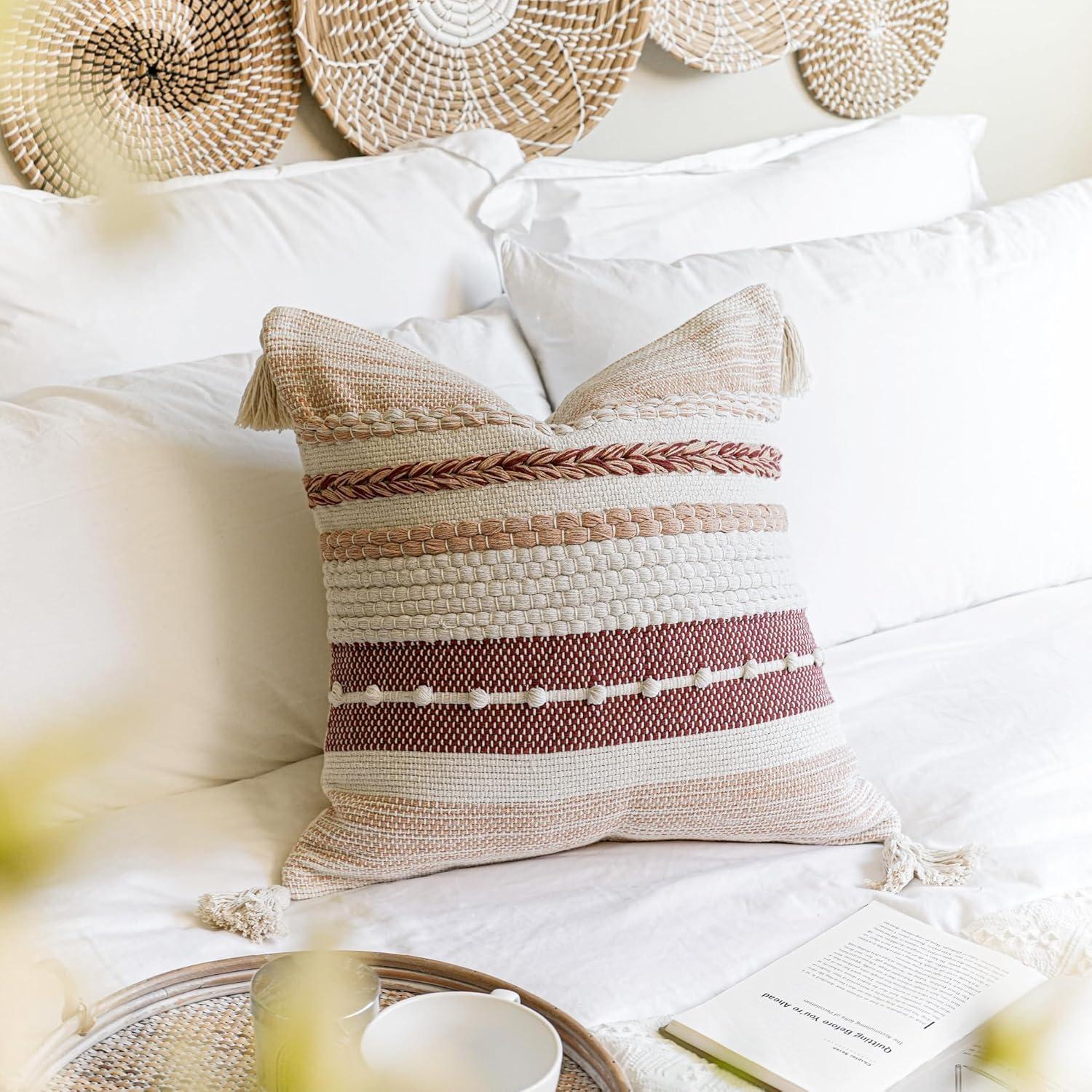 Rust Red Boho Decorative Throw Pillow Cover 20x20 Square Accent Pillowcase Tassels Farmhouse Cushion for Couch Sofa Bedroom Living Room Home Décor Cover ONLY (Pack of 1)
