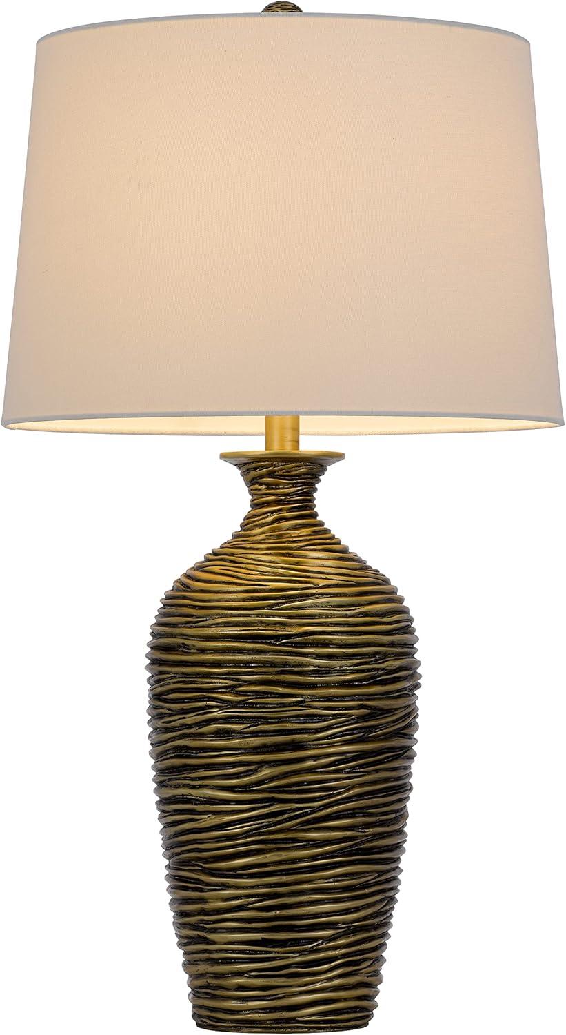 150W 3-Way Aurora Resin Table Lamp with Hardback Taper Drum Fabric Shade, Antique Bronze