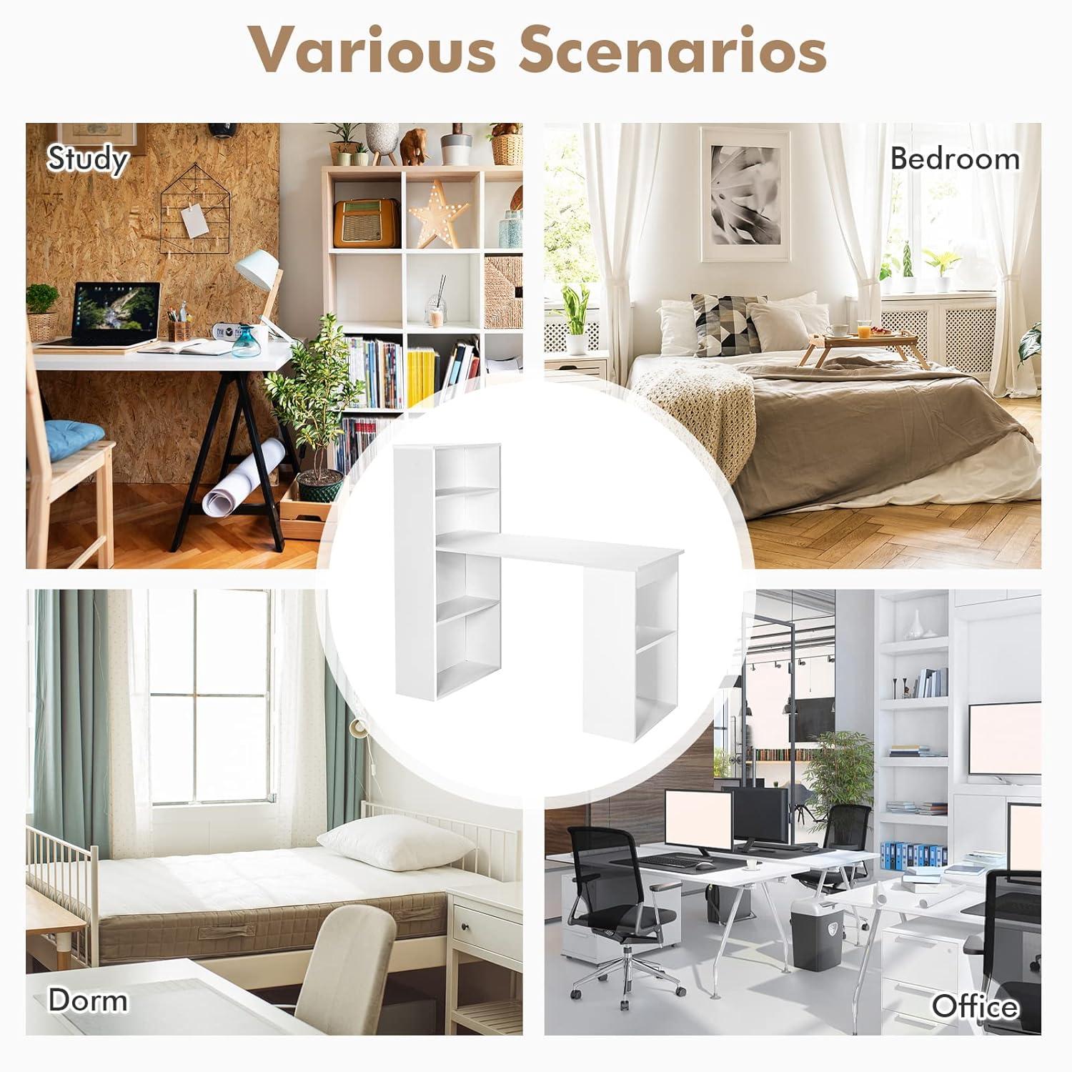 Costway Computer Desk Writing  Workstation Office w/6-Tier Storage Shelves White