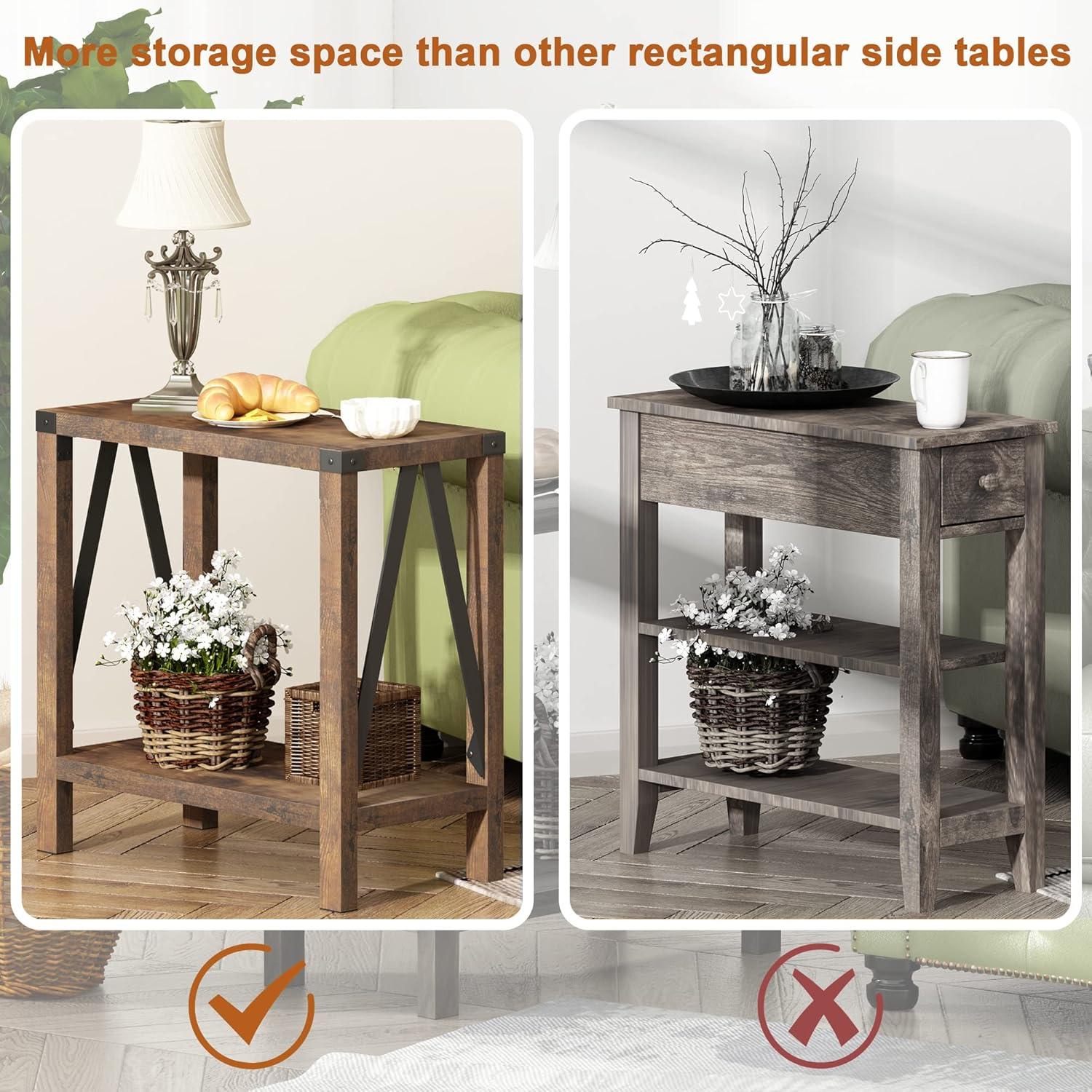 Gracie Oaks Farmhouse End Table For Small Spaces, Narrow Side End Table With Storage Shelf, Rustic A-Design Nightstand Sofa Table For Living Room, Bedroom 2 Pack