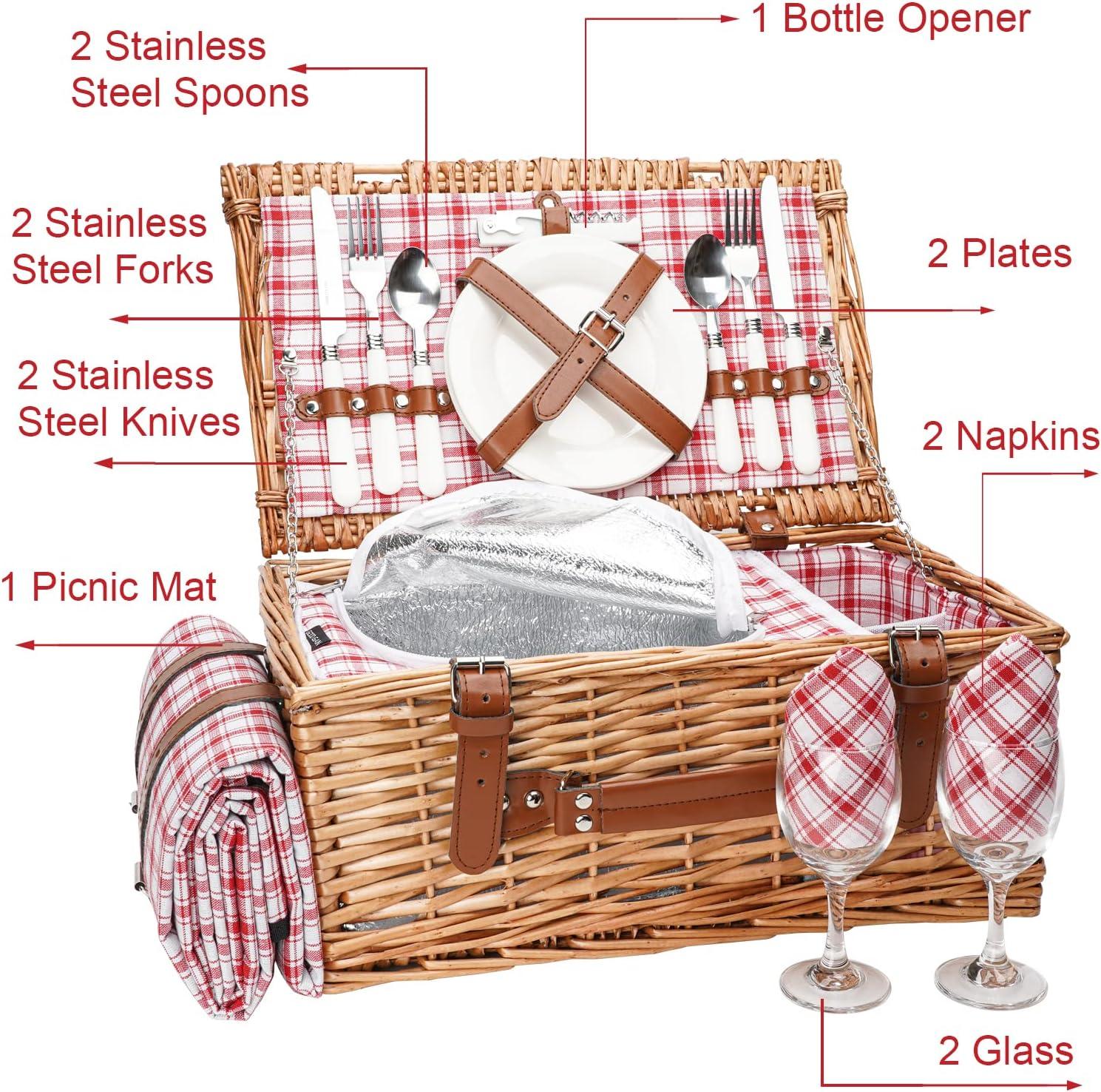 Red Checkered Wicker Picnic Basket with Insulated Compartment