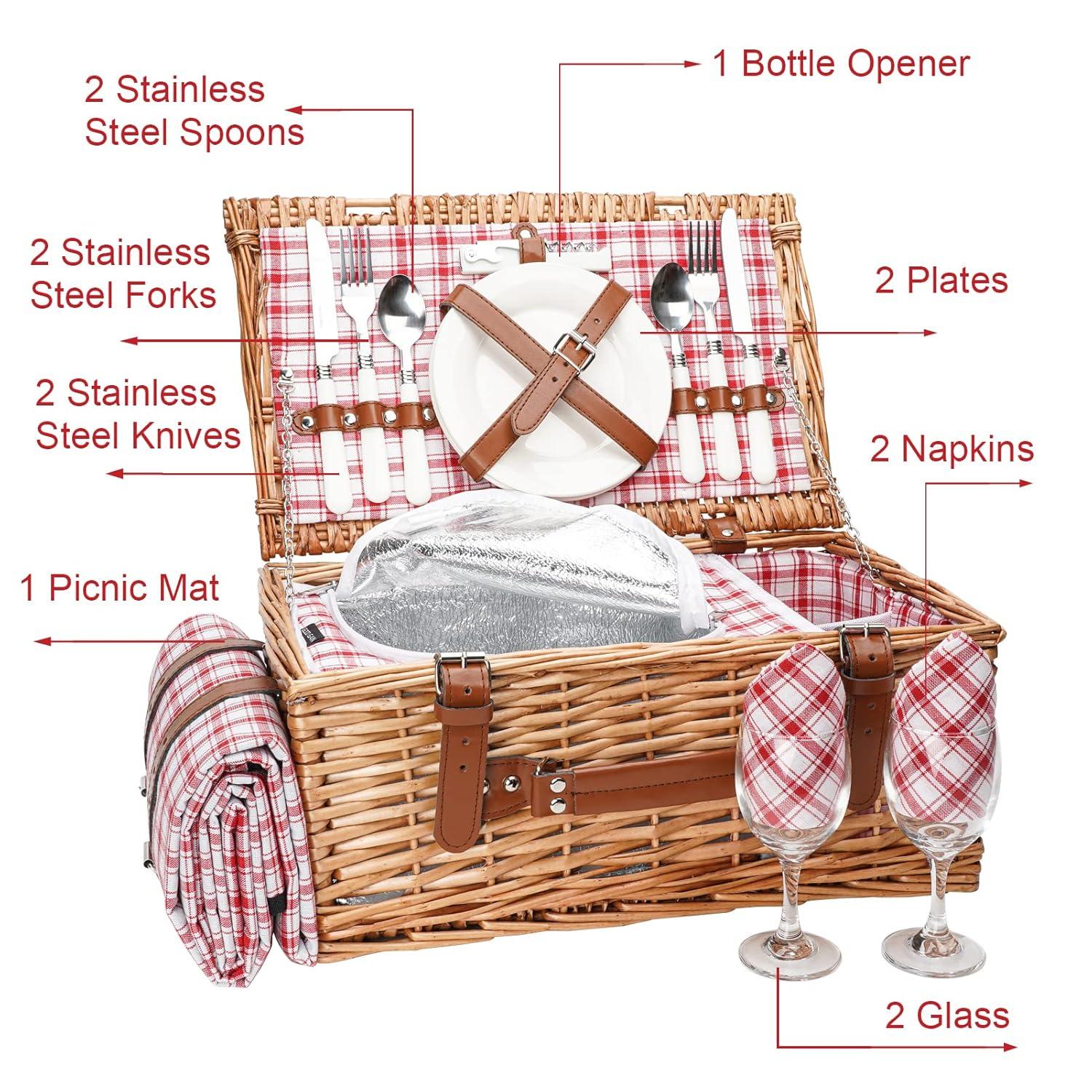 Wicker Picnic Basket Set for 2 Persons with Waterproof Picnic Blanket and Large Insulated Cooler Compartment, Willow Picnic Hamper Basket with Cutlery Service Kits for Camping, Wedding (Red)