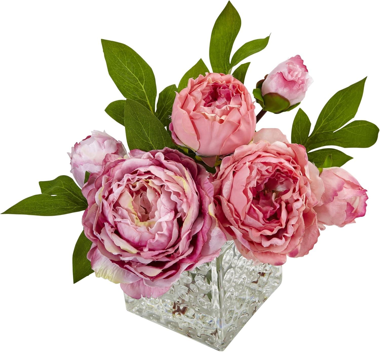 Summer Bliss Pink Peony Faux Floral Arrangement in Glass Vase