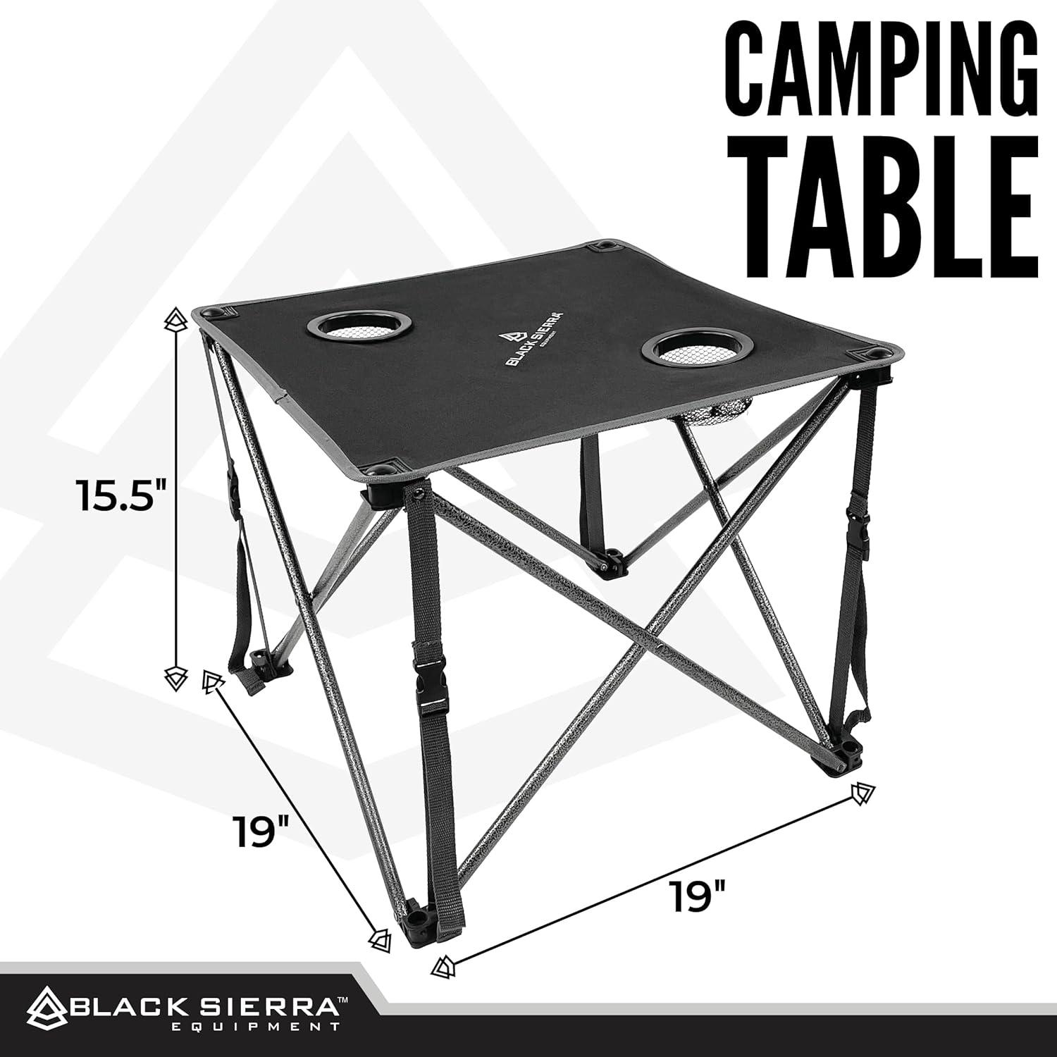 Black Sierra Foldable Camping Table w/ 2 Cup-Holders and Carry Bag, Heavy Duty Frame Supports 45lbs, Perfect for Tailgating, Compact for Storage & Transportation, Portable Outdoor Folding Table