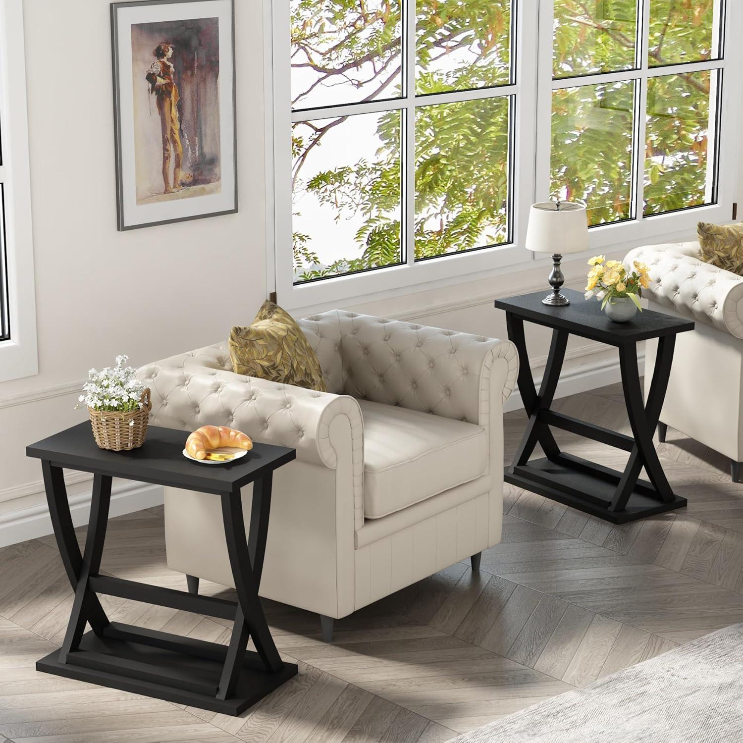 Black MDF X-Design Slim End Table Set with Storage Shelf