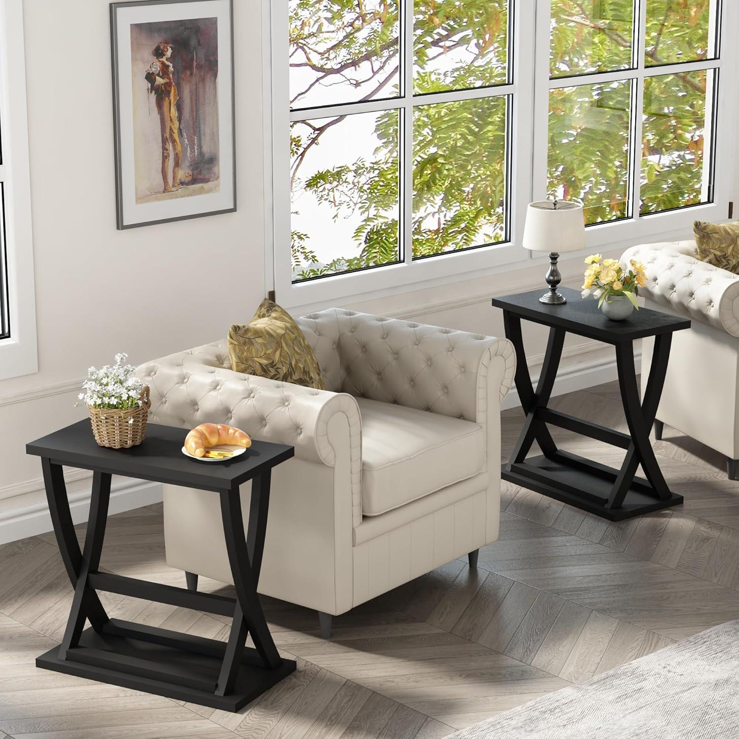 End Table Set Of 2, Narrow Side Table With Storage Shelf, Modern X-Design Slim End Table For Living Room, Bedroom, Small Space, 11.8" D*23.6" W*23.4" D
