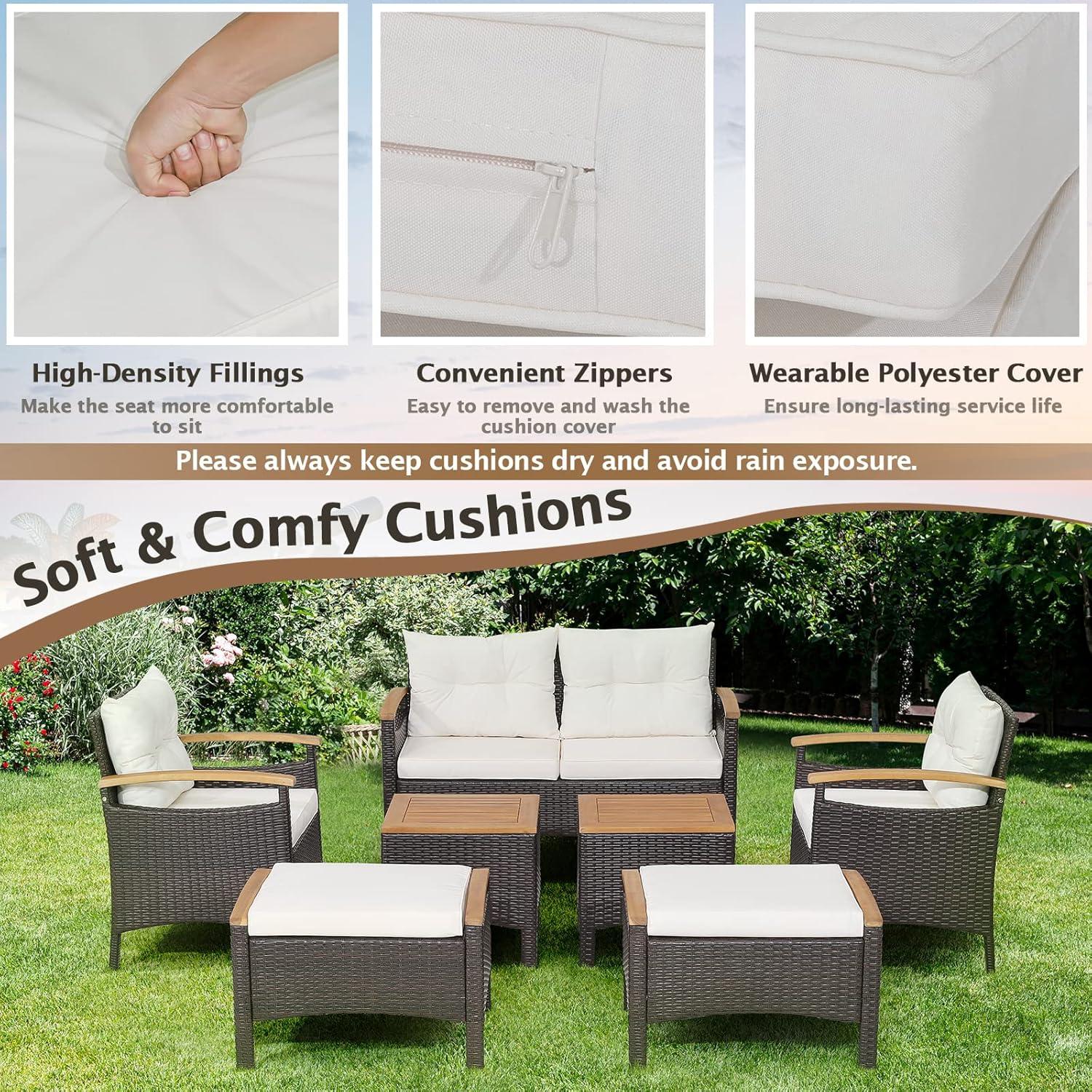 7-Piece Mix Brown Rattan Patio Sofa Set with Off-White Cushions and Acacia Wood