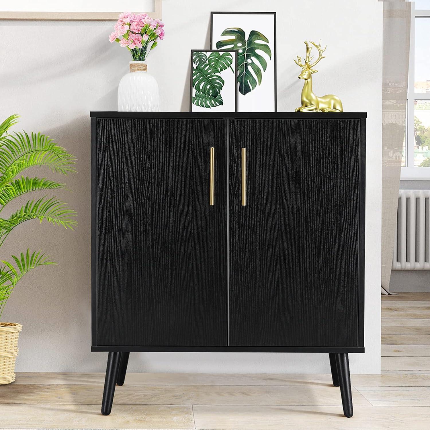 Black Accent Cabinet with 2 Doors, Free Standing Sideboard Buffet Cabinet with Storage, Mid Century Modern Storage Cabinet for Dining Room Hallway Office Entryway, 28 Inch