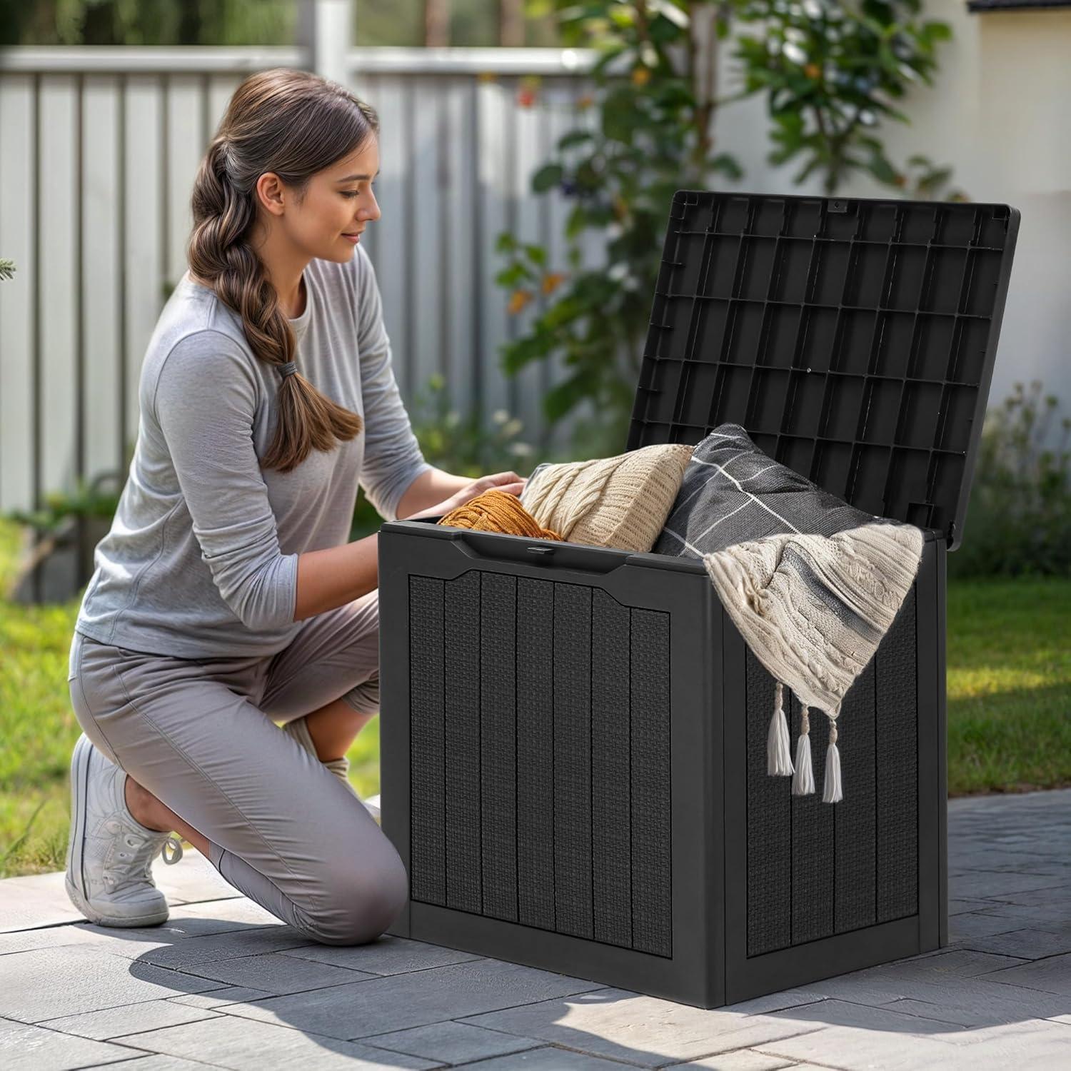 YITAHOME 32 Gallon Rattan Deck Box, Indoor Outdoor Storage Box for Patio Furniture, Pool Accessories, Cushions, Garden Tools, Sports Equipment, Waterproof Resin with Lockable Lid & Side Handles, Black