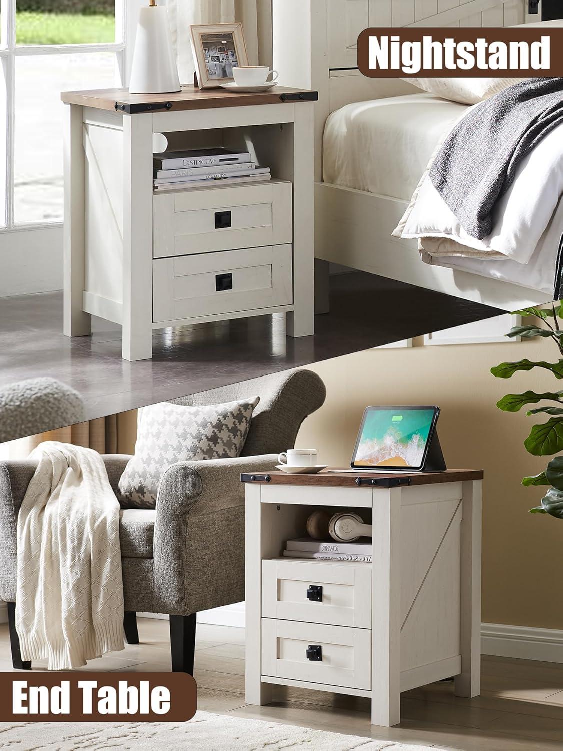 Antique White Rustic Wood Nightstand with Charging Station and 2 Drawers