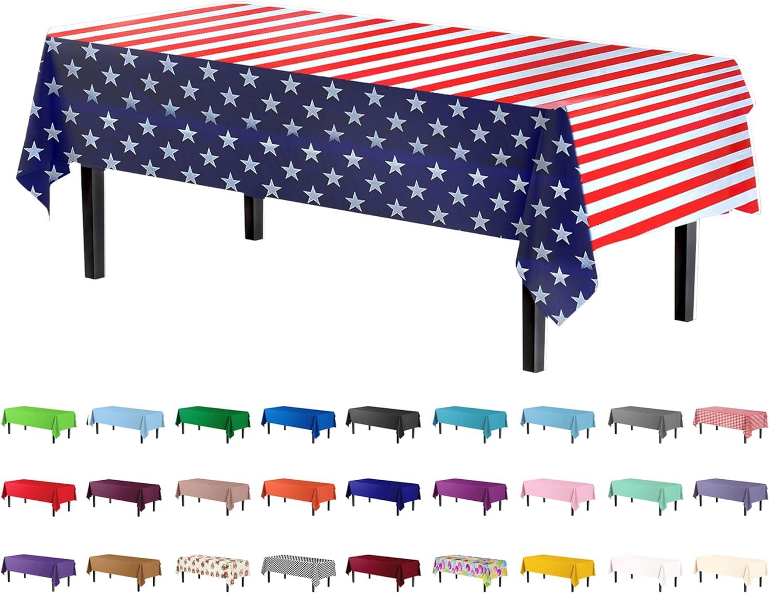 Crown Display 54 Inch. X 108 Inch. Patriotic Printed Plastic Table Cover- Stars & Strips-12 Pack