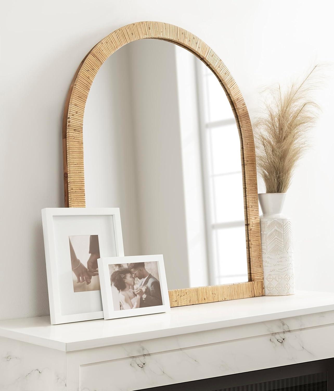 Kate and Laurel Rahfy Boho Arch Rattan Wall Mirror, 28 x 32, Natural Wood, Decorative Wooden Mirror with Authentic Rattan Frame for Bathroom Vanity Mirror