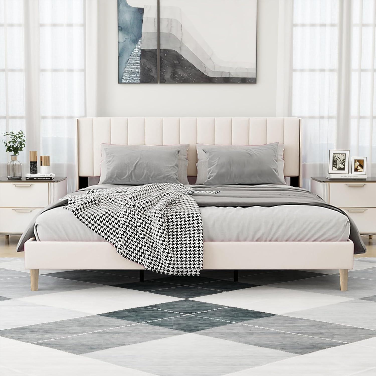 alazyhome Upholstered Platform Twin Size Bed Frame with Headboard Wooden Slats Support No Noise Easy Assembly Black Linen