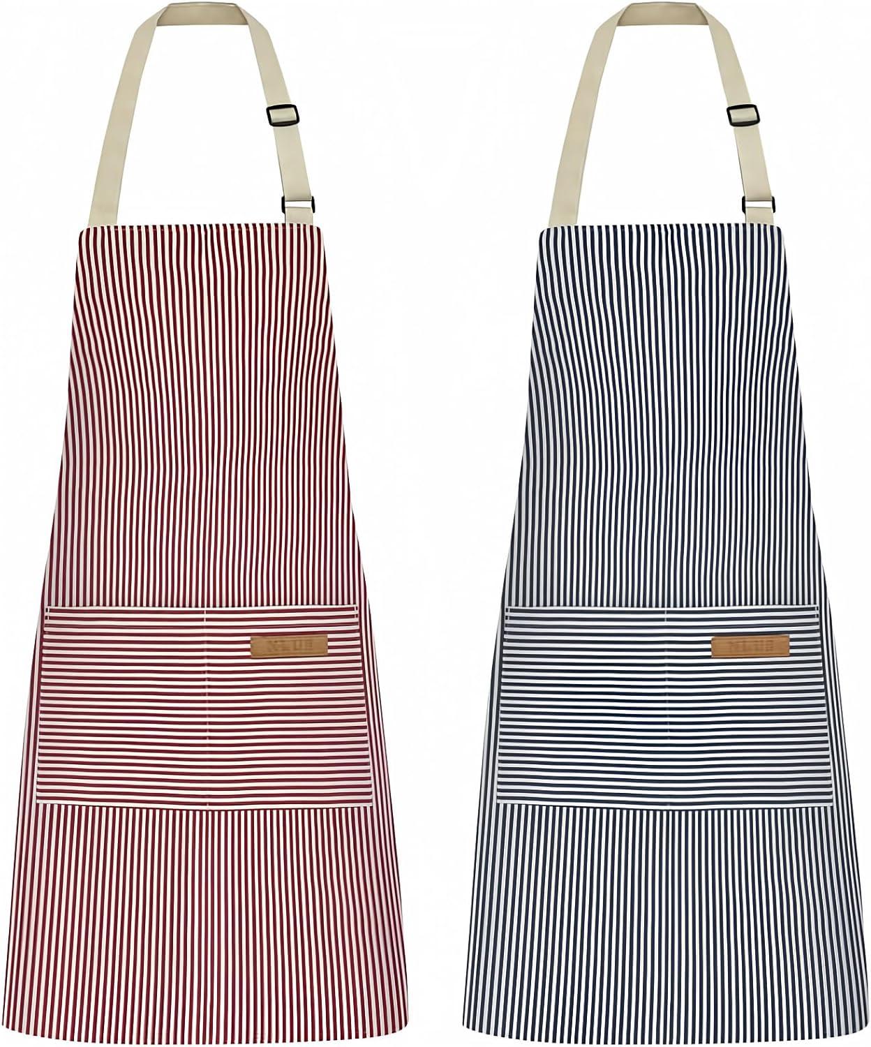 Adjustable Blue and Pink Pinstripe Cotton Polyester Kitchen Aprons with Pockets