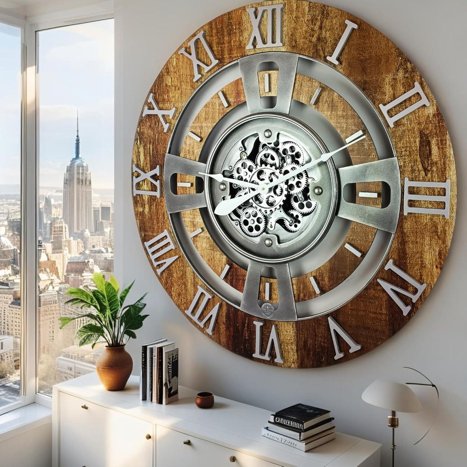 The Gears Clock Wall Clock 36" Oversized for Living Room decor with Real Moving Gears England Collection