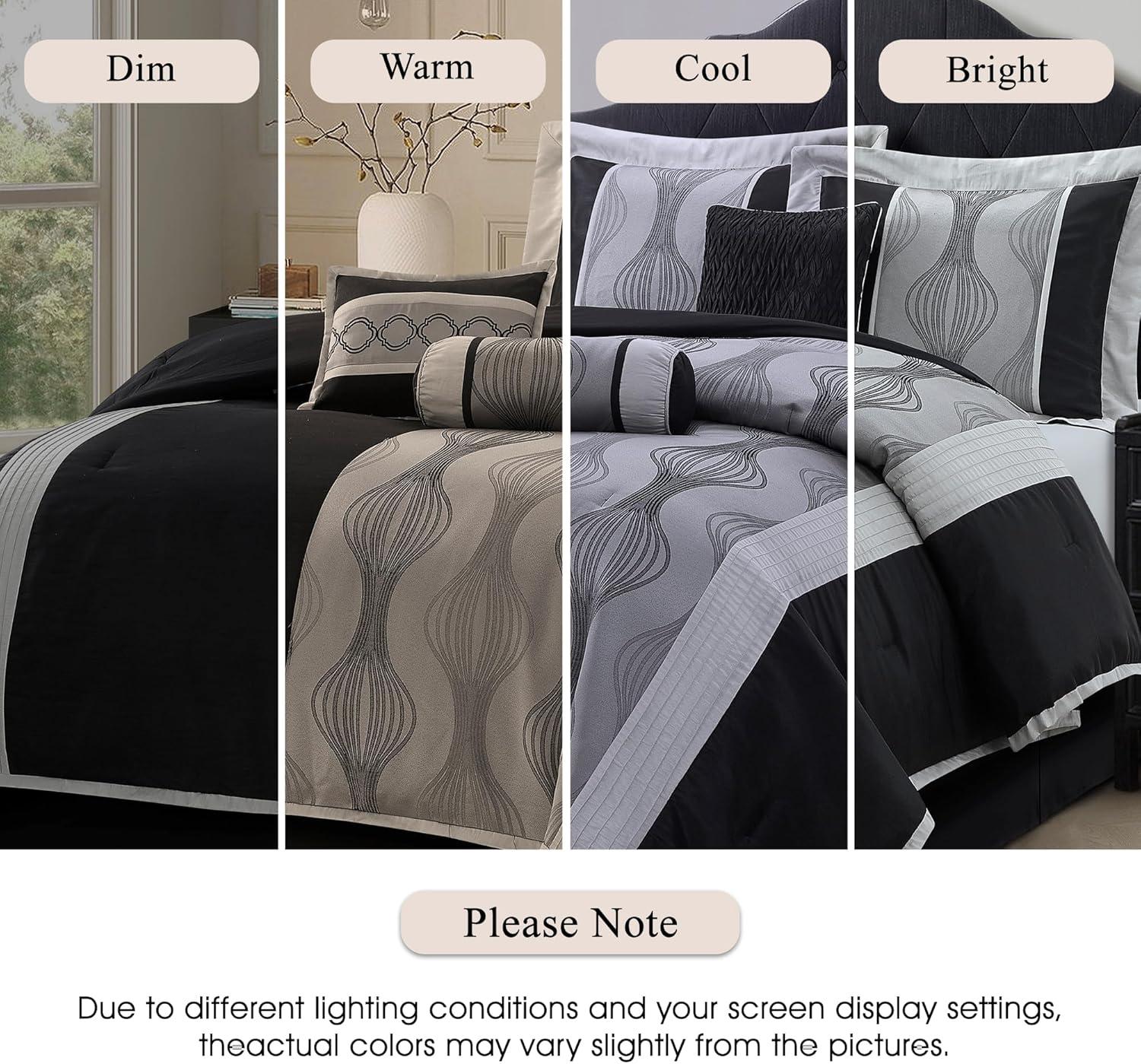 Lanco Black and Silver Comforter Set Queen Size, 7 Pieces Bedding & Collection, Jacquard All Season Comforter & Pillows, Ultra-Soft Microfiber