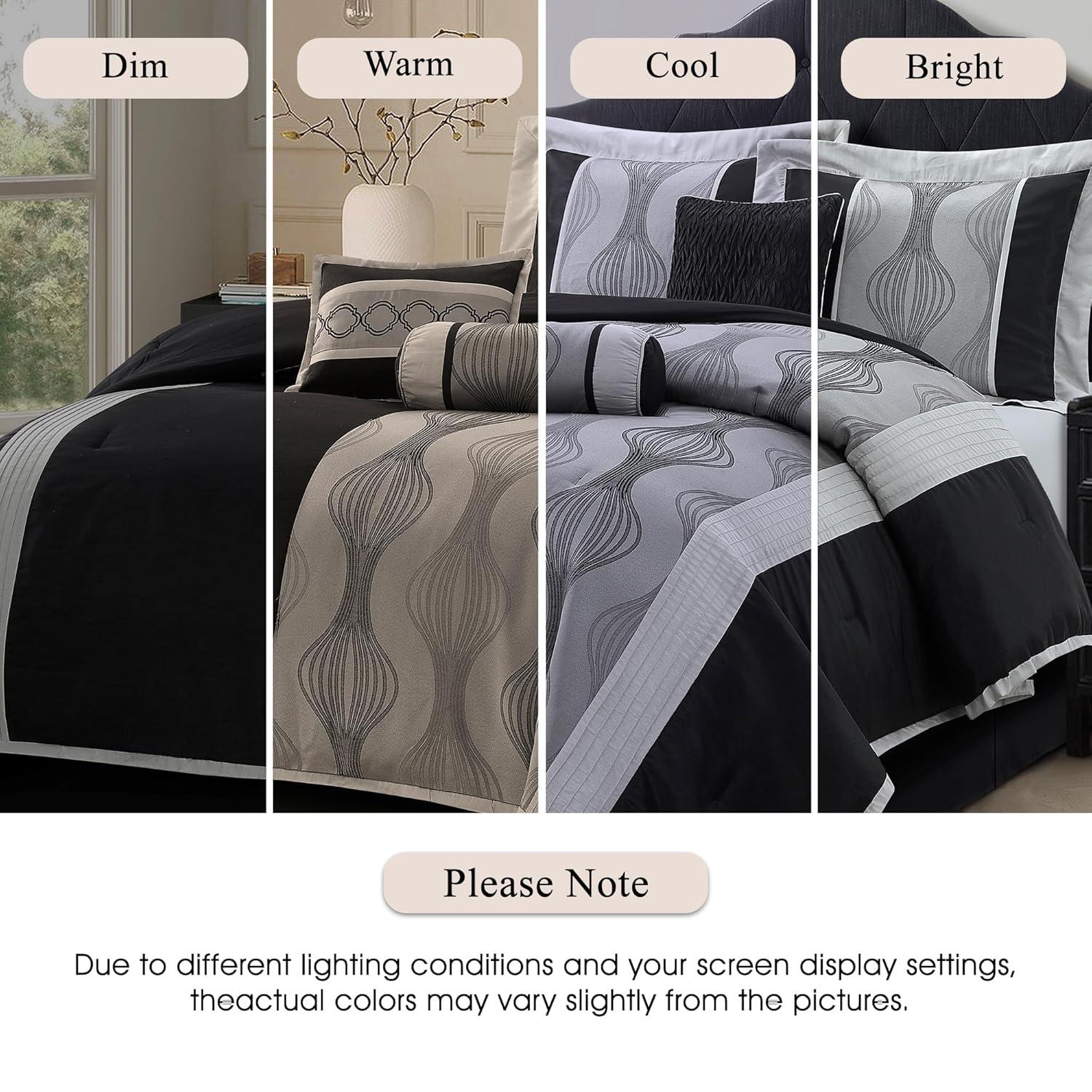 Lanco Black and Silver Comforter Set Queen Size, 7 Pieces Bedding & Collection, Jacquard All Season Comforter & Pillows, Ultra-Soft Microfiber