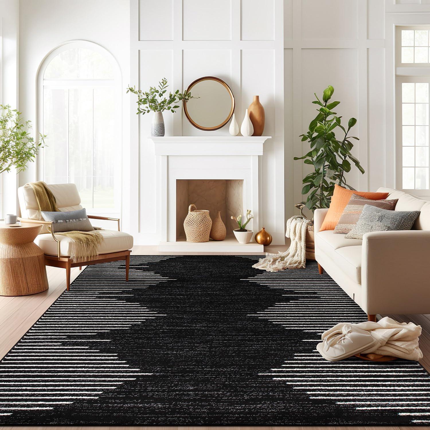 Black and White Geometric Stripe Synthetic Area Rug 12' x 15'