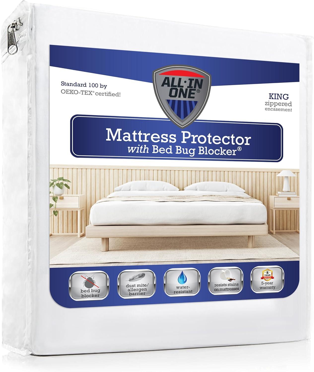 All-in-One Bed Bug Blocker Water Resistant Zippered Mattress Protector, King