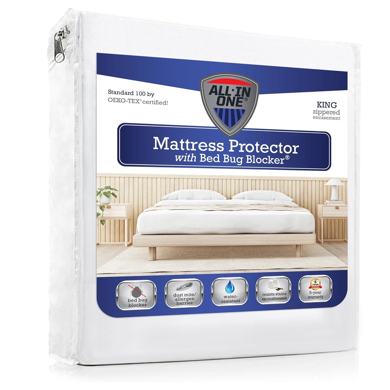 All-in-One Bed Bug Blocker Water Resistant Zippered Mattress Protector, King