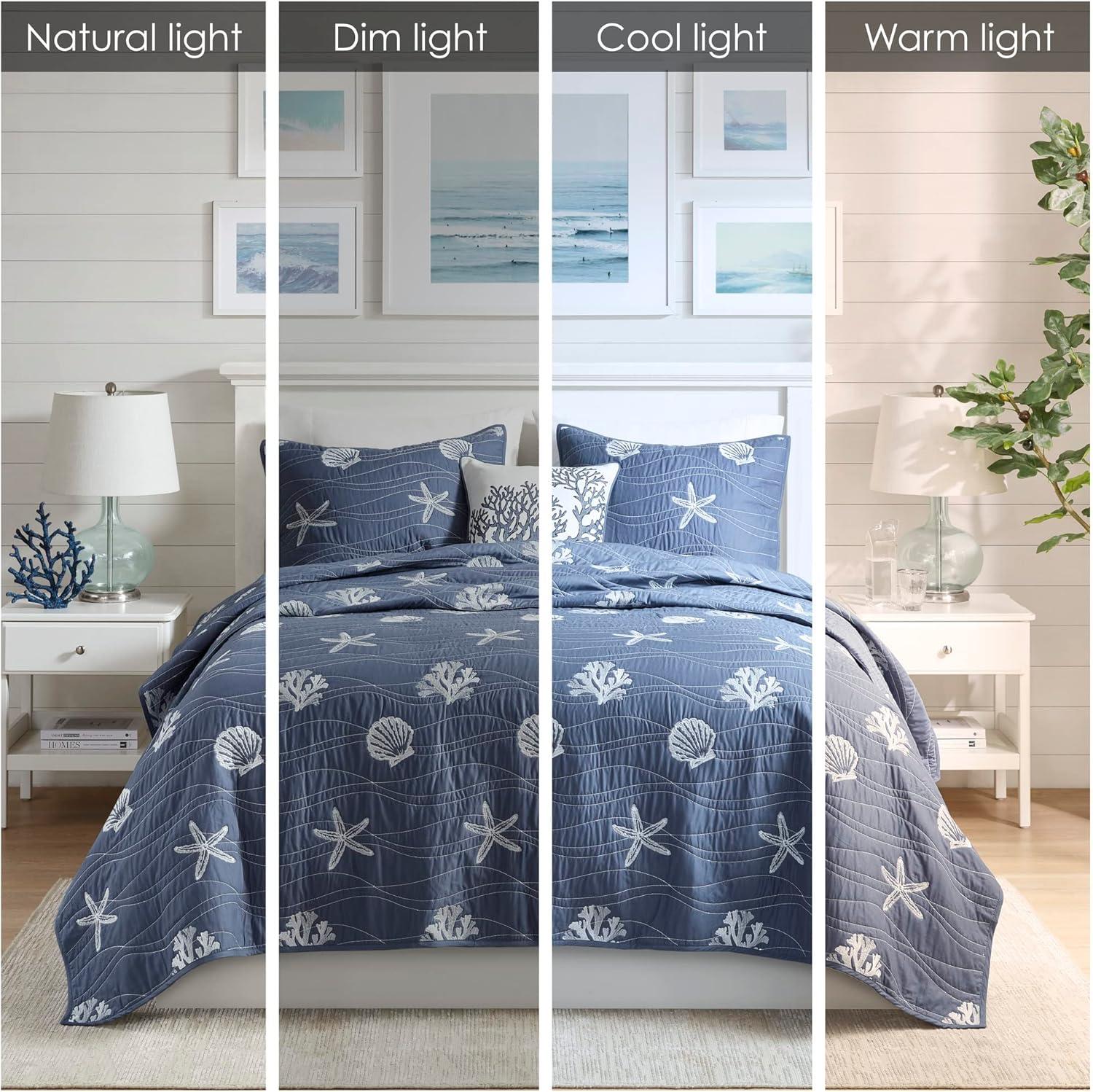 Seaside 4 Piece Cotton Reversible Embroidered Quilt Set