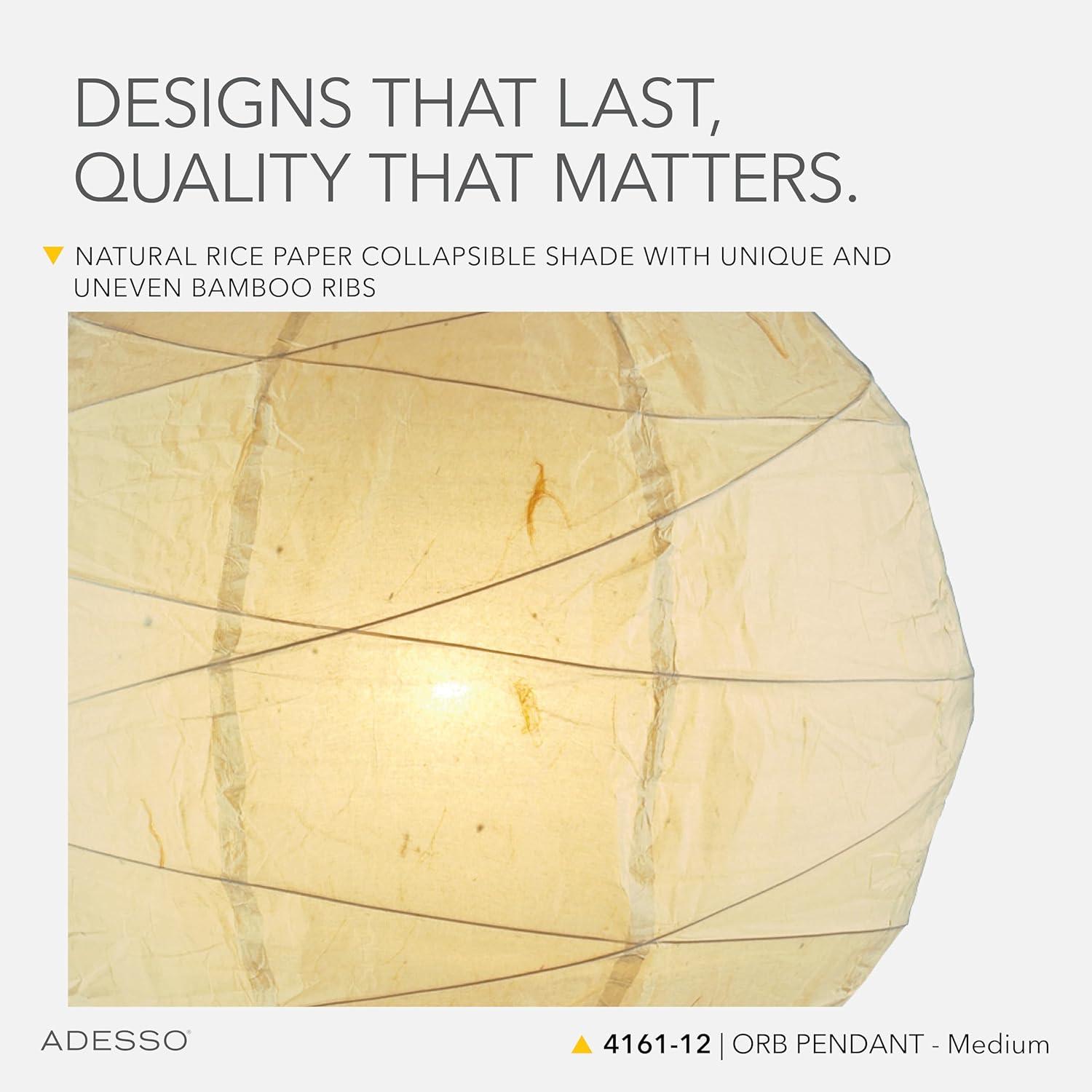 Orb Medium Pendant Natural - Adesso: Rice Paper Shade, 15-Foot Cord, ETL Listed